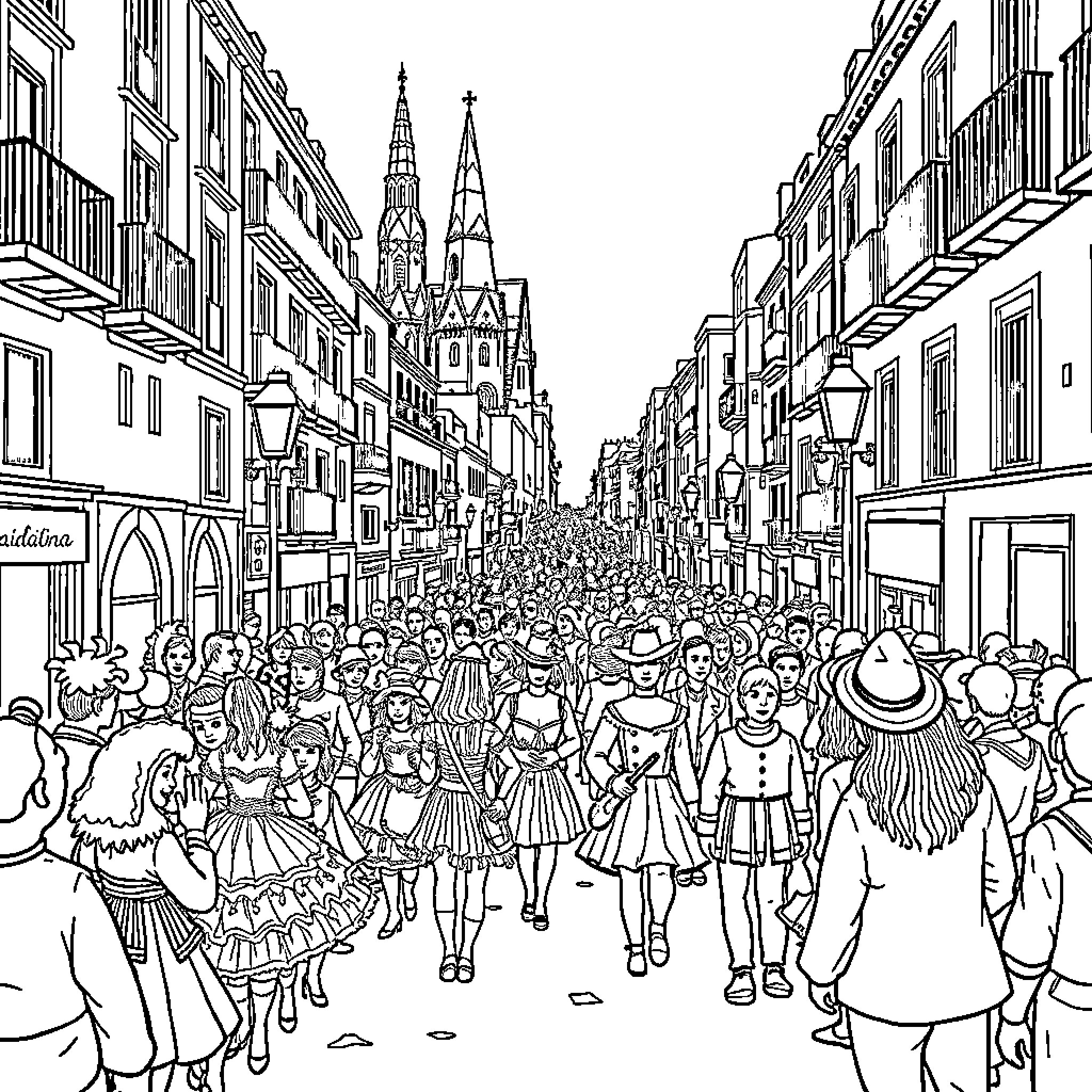 Carnaval Celebration in a Bustling City Street Coloring Page (free black-and-white line drawing printable PDF for all, from beginners to advanced learners, including children, teens, adults, and seniors)