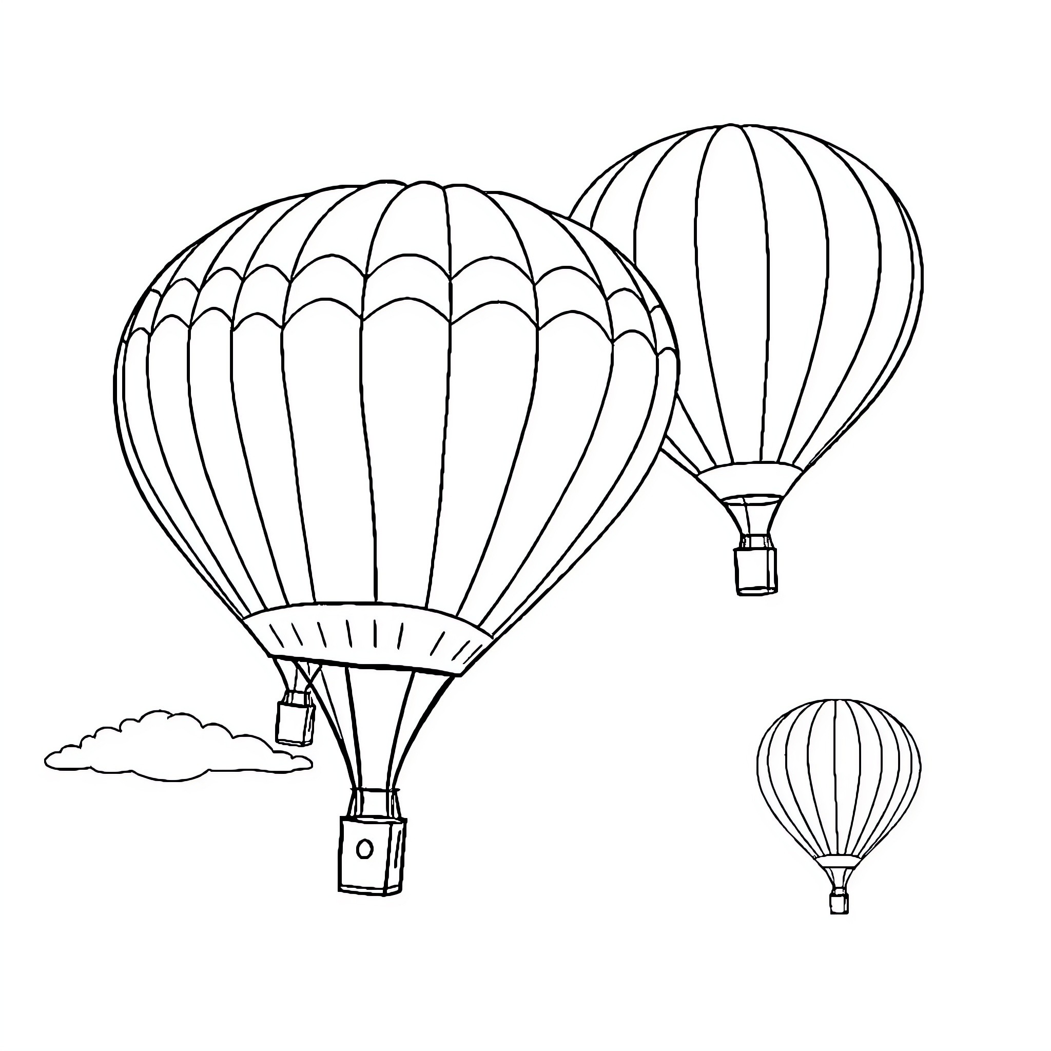 Hot Air Balloons Soaring through the Skies Coloring Page (free black-and-white line drawing printable PDF for all, from beginners to advanced learners, including children, teens, adults, and seniors)
