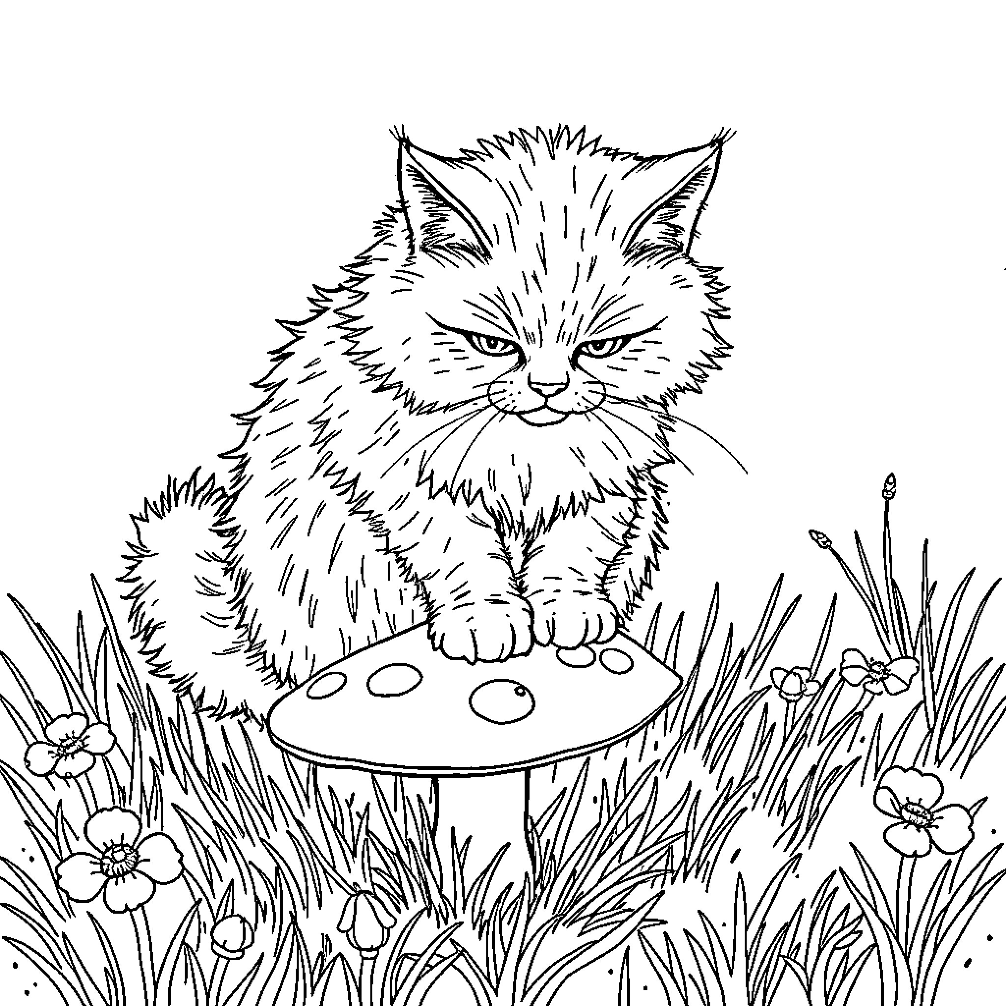 Cat resting on a mushroom in the garden Coloring Page (free black-and-white line drawing printable PDF for all, from beginners to advanced learners, including children, teens, adults, and seniors)