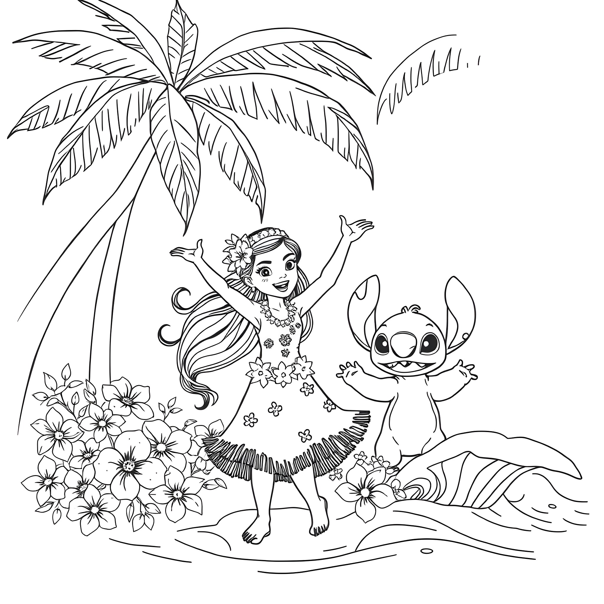 Lilo enjoying a tropical adventure with Stitch Coloring Page (free black-and-white line drawing printable PDF for all, from beginners to advanced learners, including children, teens, adults, and seniors)