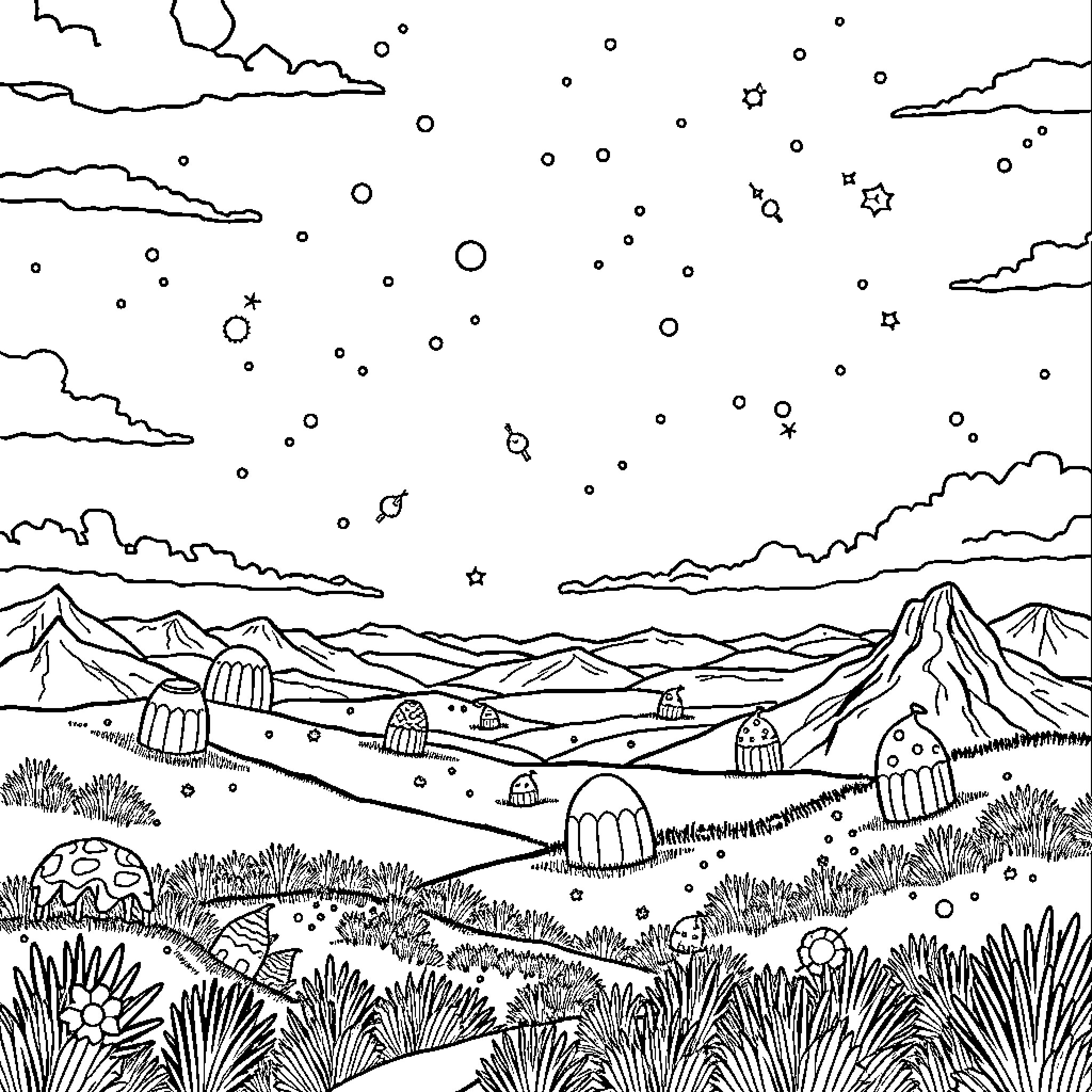 Anomaly in the Whimsical Landscape Coloring Page (free black-and-white line drawing printable PDF for all, from beginners to advanced learners, including children, teens, adults, and seniors)