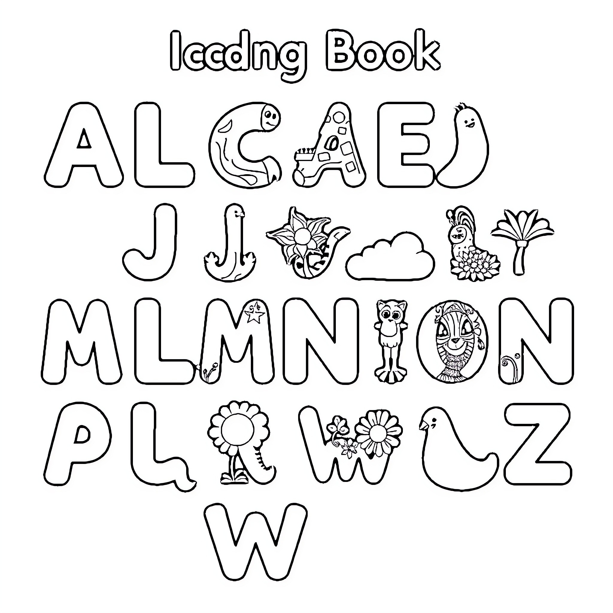 Alphabet-themed Book with Doodle-style Illustrations Coloring Page (free black-and-white line drawing printable PDF for all, from beginners to advanced learners, including children, teens, adults, and seniors)
