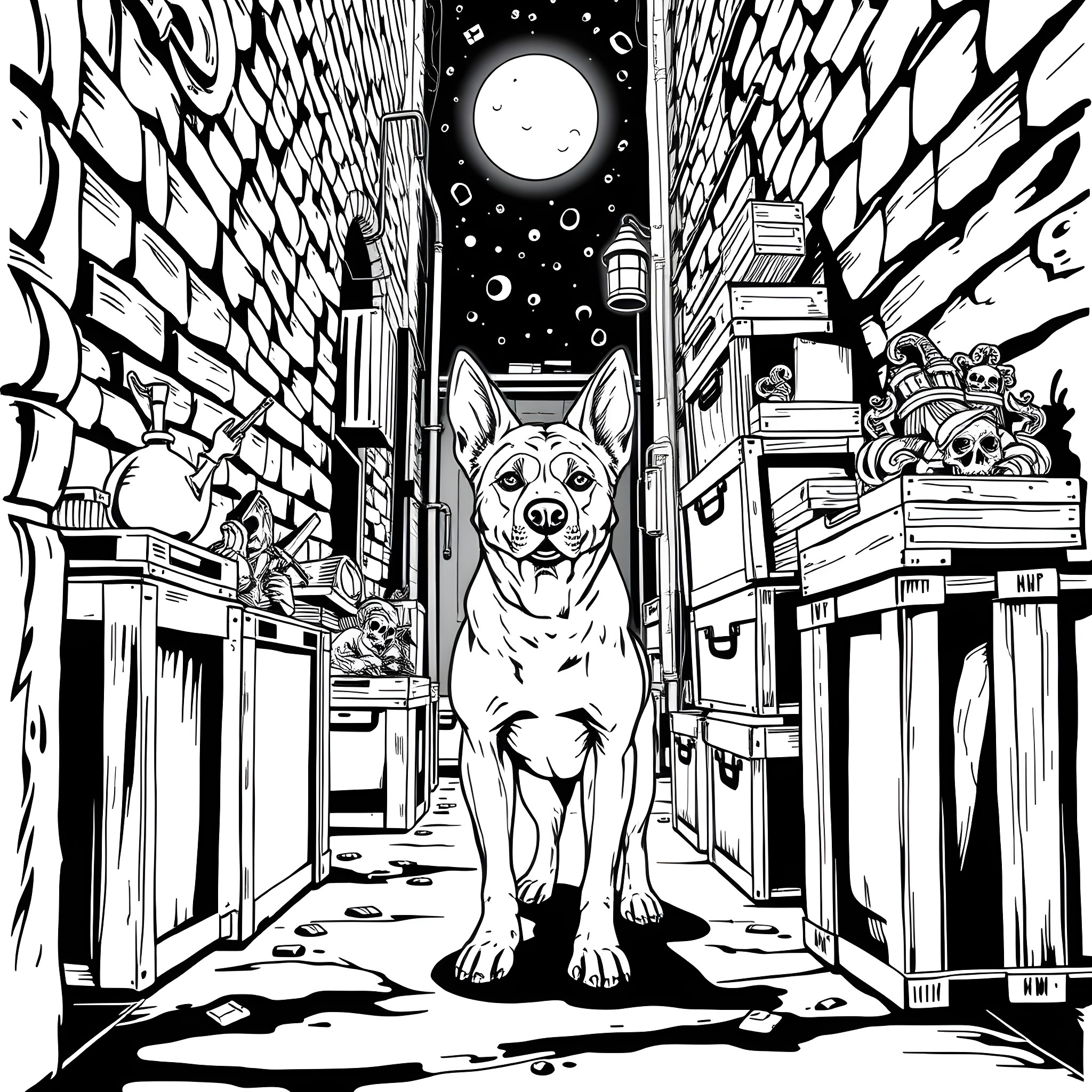 Dog exploring a fantastical urban landscape Coloring Page (free black-and-white line drawing printable PDF for all, from beginners to advanced learners, including children, teens, adults, and seniors)
