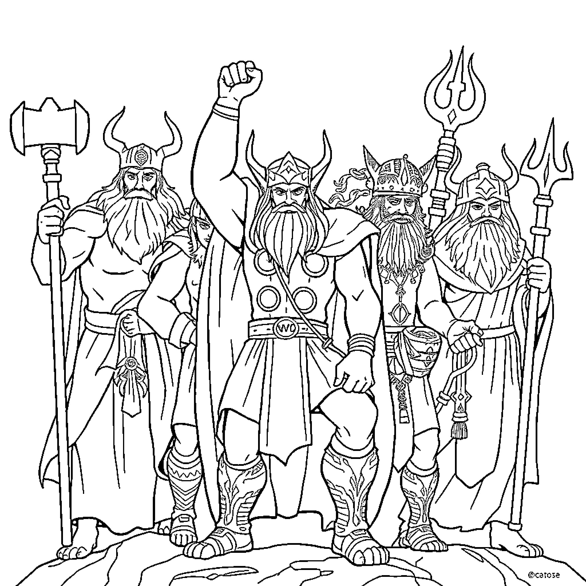 Norse Gods in Commanding Poses and Attire Coloring Page (free black-and-white line drawing printable PDF for all, from beginners to advanced learners, including children, teens, adults, and seniors)