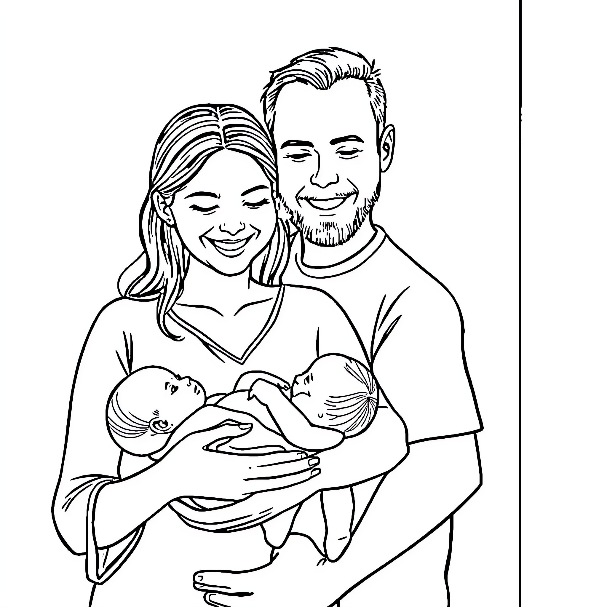 Family Portrait of New Parents with Newborn Baby Coloring Page (free black-and-white line drawing printable PDF for all, from beginners to advanced learners, including children, teens, adults, and seniors)