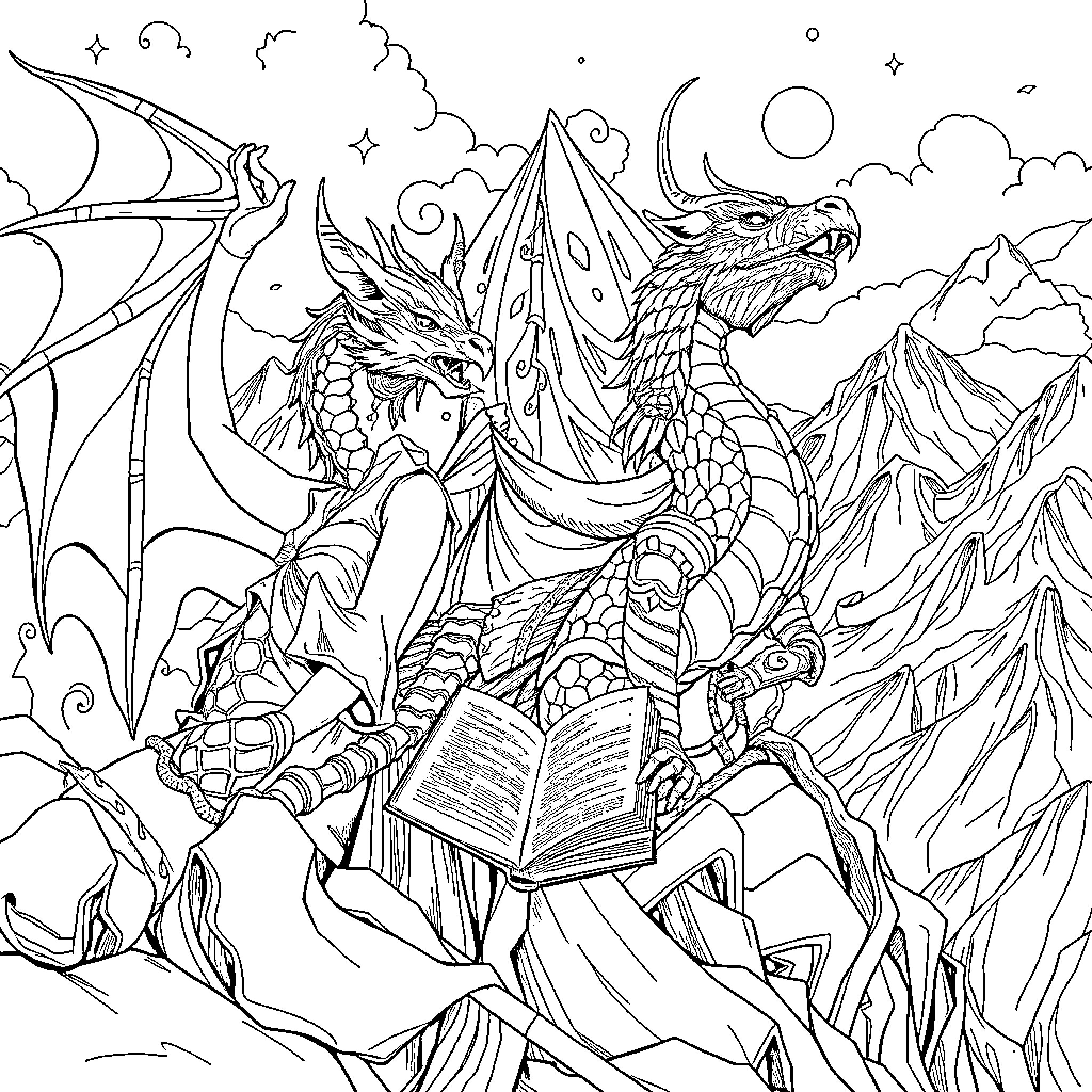 Dragon reading a book in a mystical landscape Coloring Page (free black-and-white line drawing printable PDF for all, from beginners to advanced learners, including children, teens, adults, and seniors)