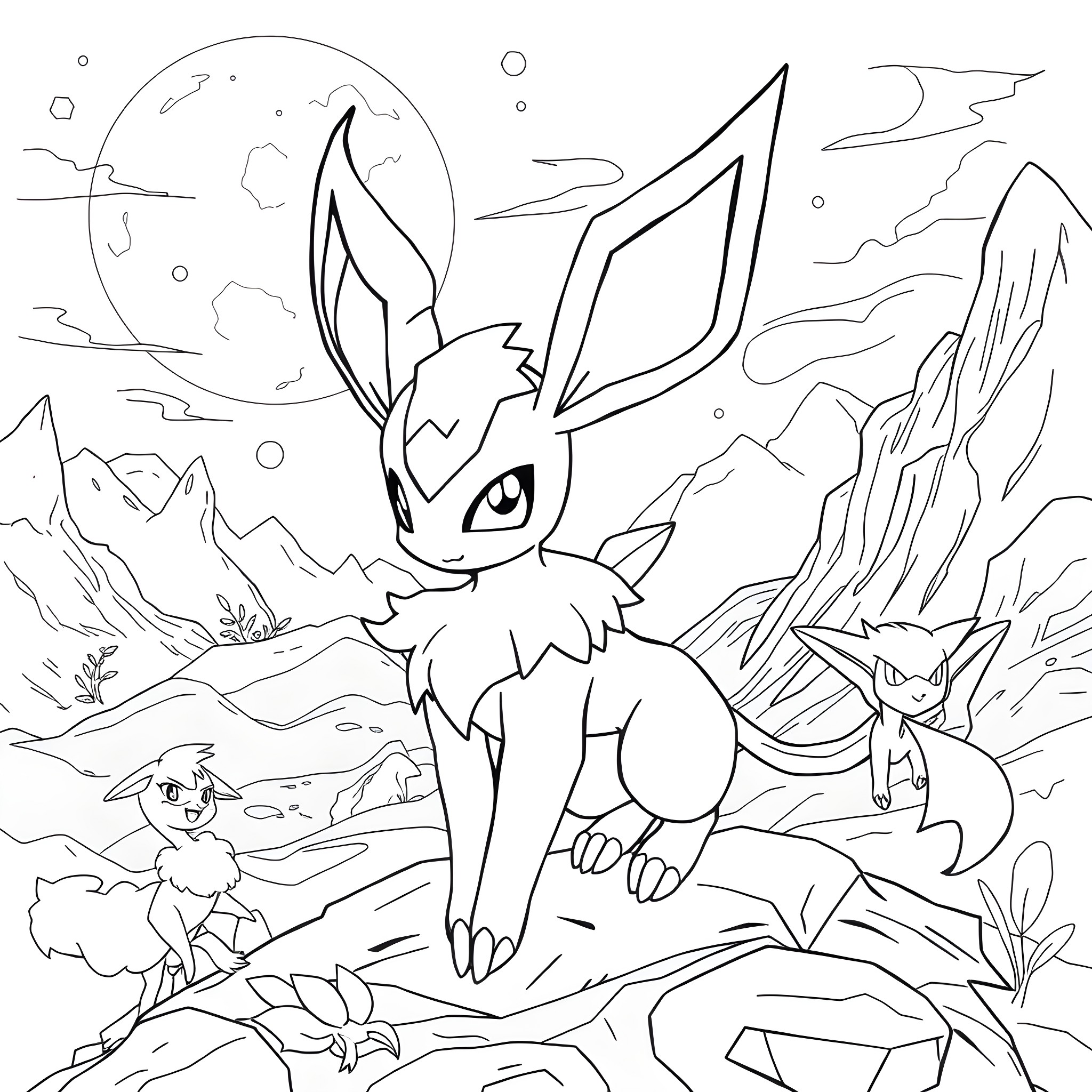 Umbreon exploring the mystic mountain landscape Coloring Page (free black-and-white line drawing printable PDF for all, from beginners to advanced learners, including children, teens, adults, and seniors)