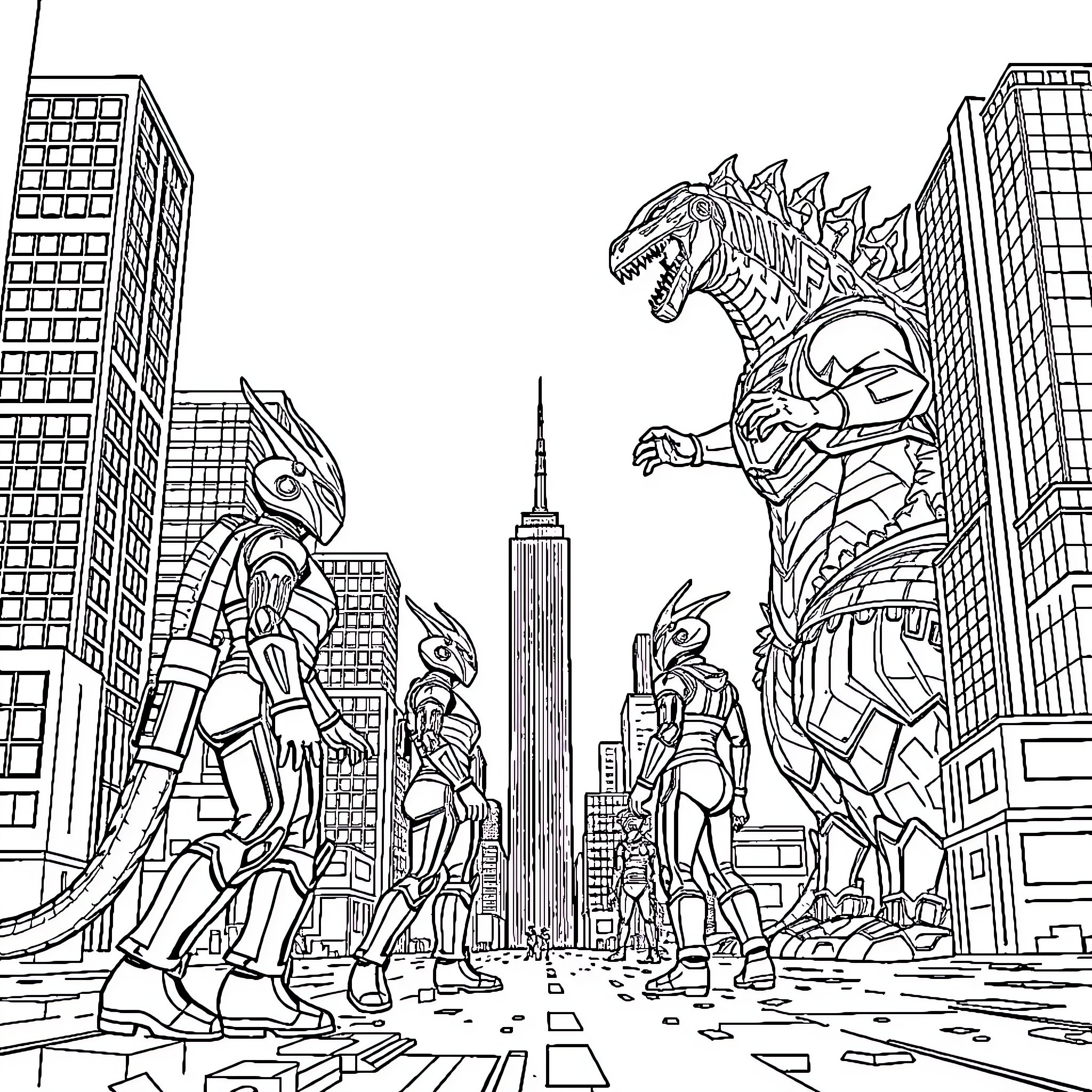 Ultraman heroes battling giant monsters in the city Coloring Page (free black-and-white line drawing printable PDF for all, from beginners to advanced learners, including children, teens, adults, and seniors)