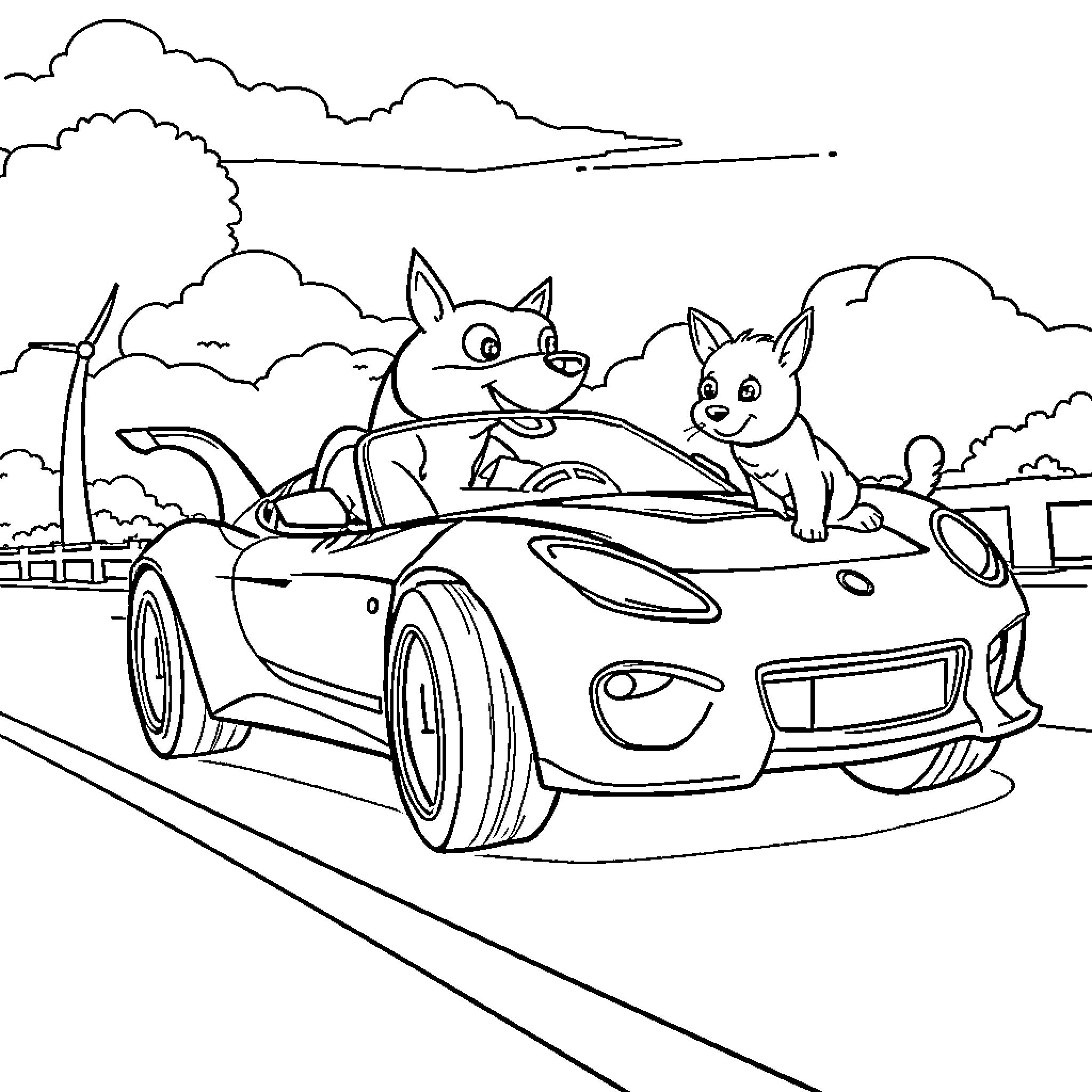 Carro with playful dogs on the road Coloring Page (free black-and-white line drawing printable PDF for all, from beginners to advanced learners, including children, teens, adults, and seniors)