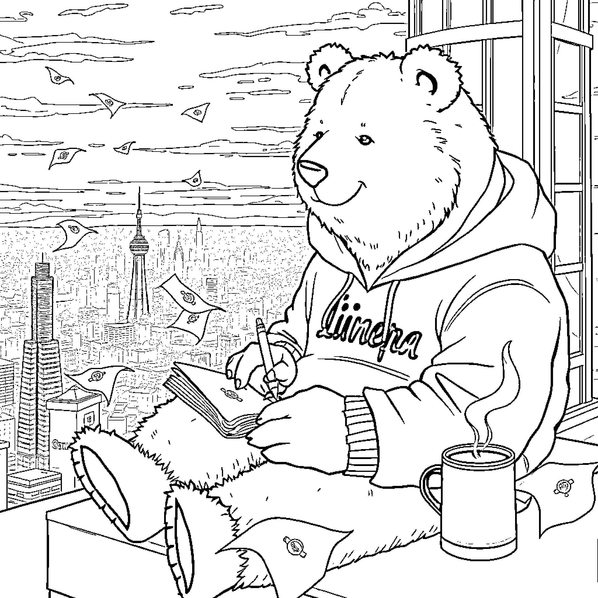Bear reading a book overlooking a cityscape Coloring Page (free black-and-white line drawing printable PDF for all, from beginners to advanced learners, including children, teens, adults, and seniors)
