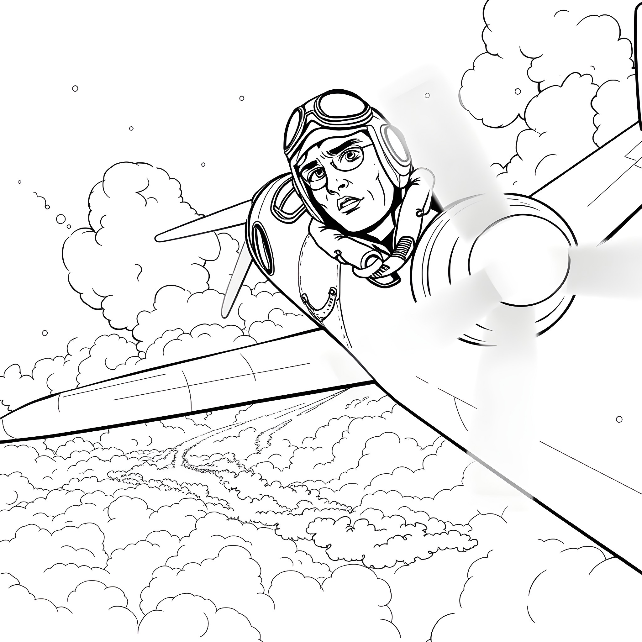 Pilot soaring through the cloudy sky Coloring Page (free black-and-white line drawing printable PDF for all, from beginners to advanced learners, including children, teens, adults, and seniors)
