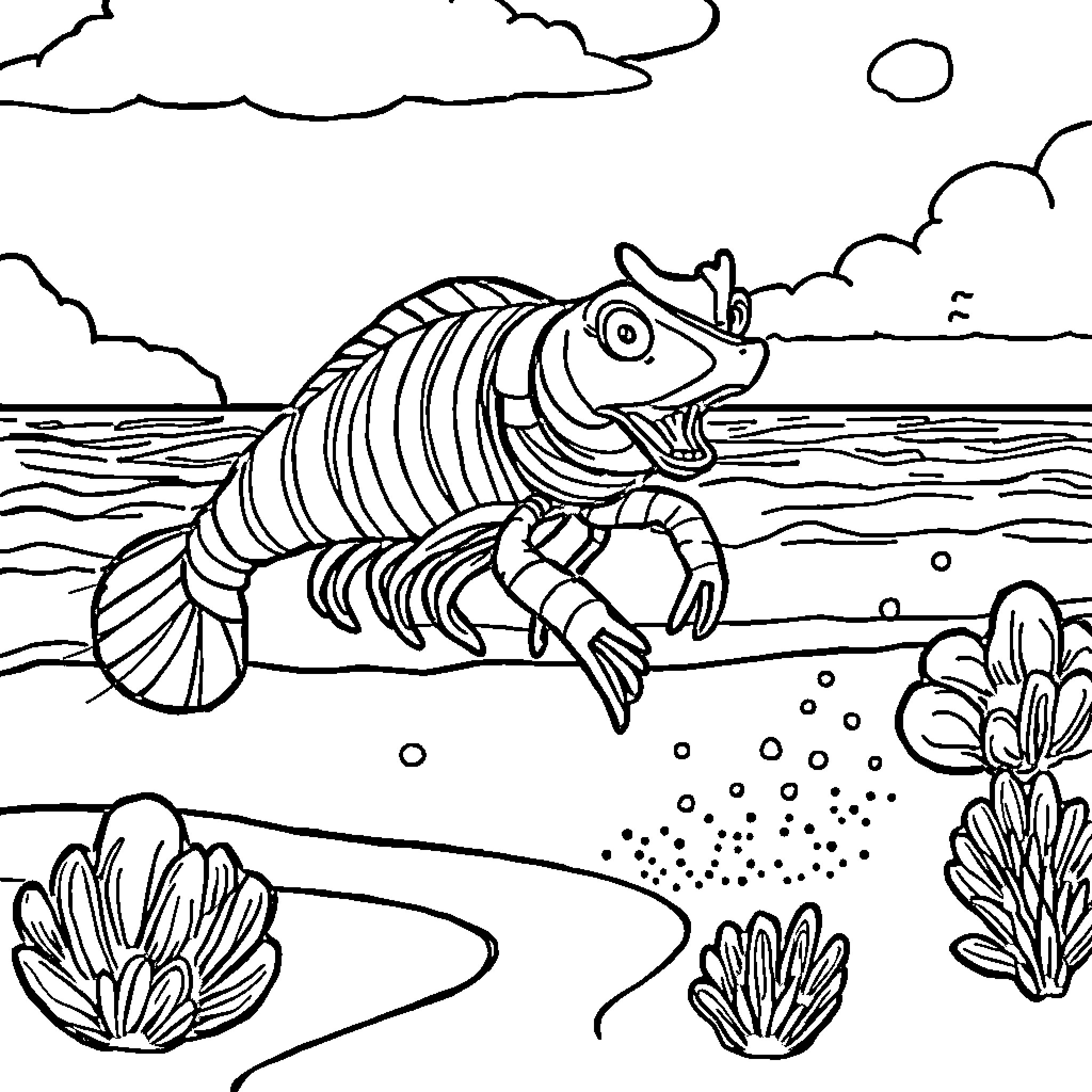 Langostino swimming gracefully in the ocean Coloring Page (free black-and-white line drawing printable PDF for all, from beginners to advanced learners, including children, teens, adults, and seniors)