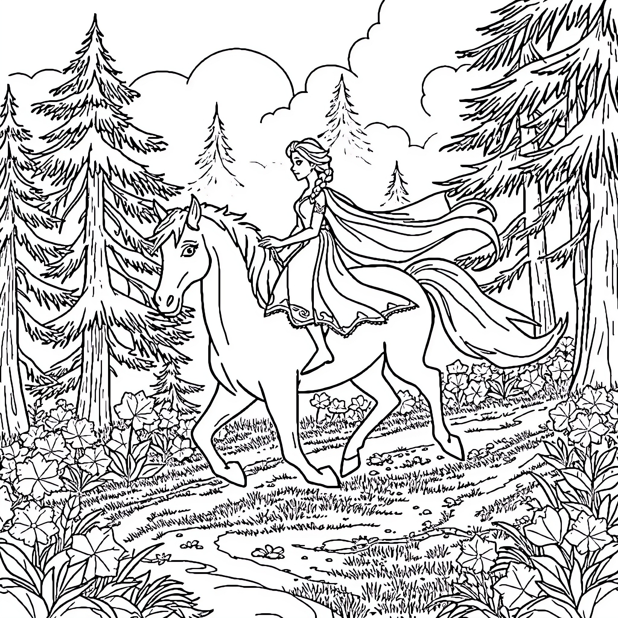 Elsa riding through the enchanted forest Coloring Page (free black-and-white line drawing printable PDF for all, from beginners to advanced learners, including children, teens, adults, and seniors)