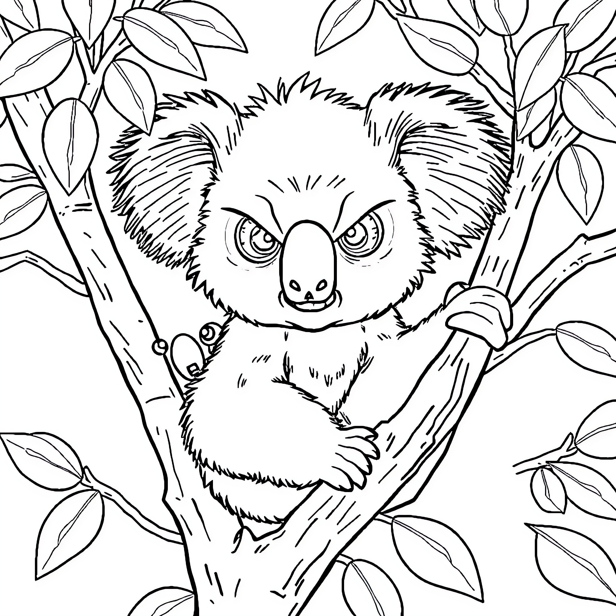 Koala resting in the leaves Coloring Page (free black-and-white line drawing printable PDF for all, from beginners to advanced learners, including children, teens, adults, and seniors)