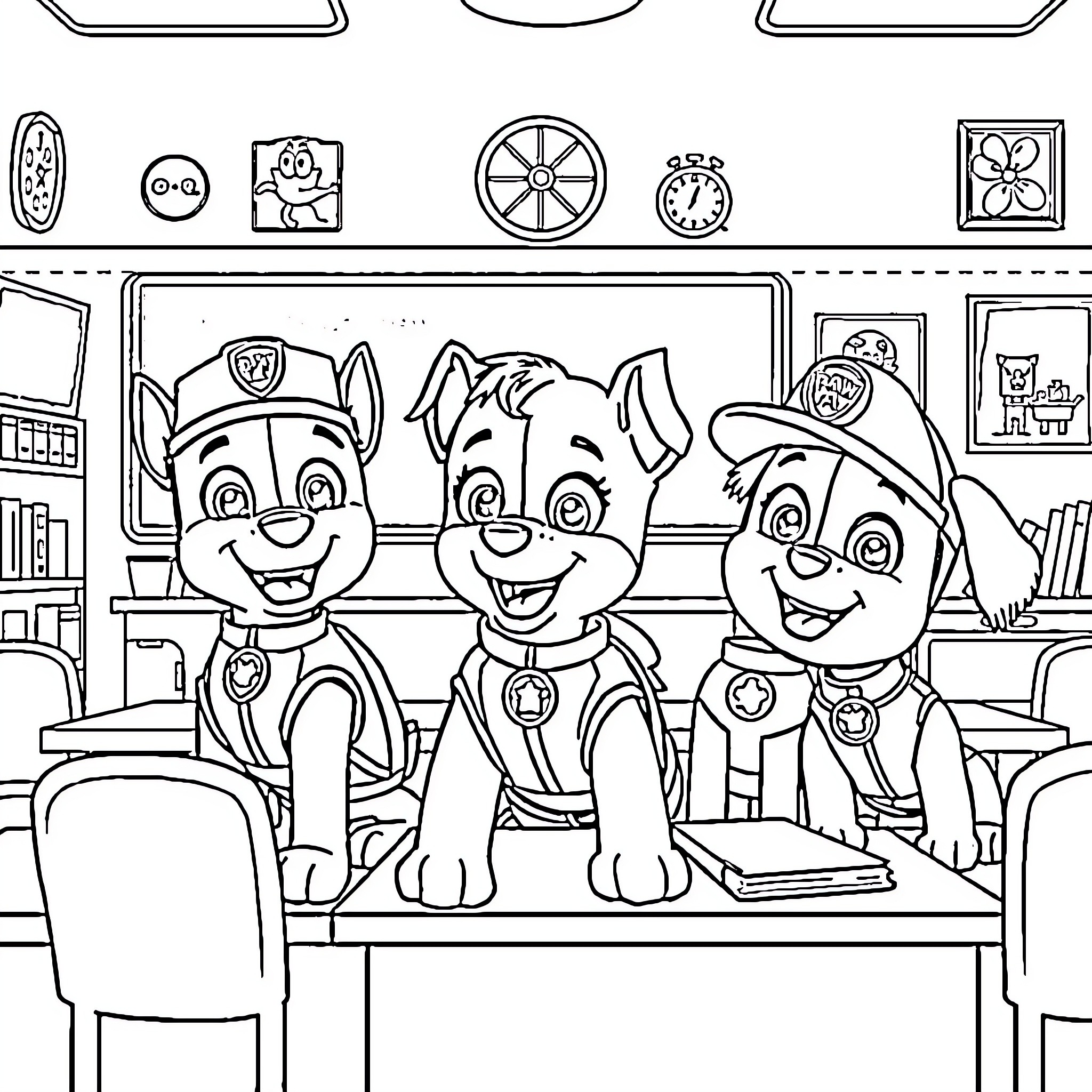 Paw Patrol Pups in the Classroom Coloring Page (free black-and-white line drawing printable PDF for all, from beginners to advanced learners, including children, teens, adults, and seniors)