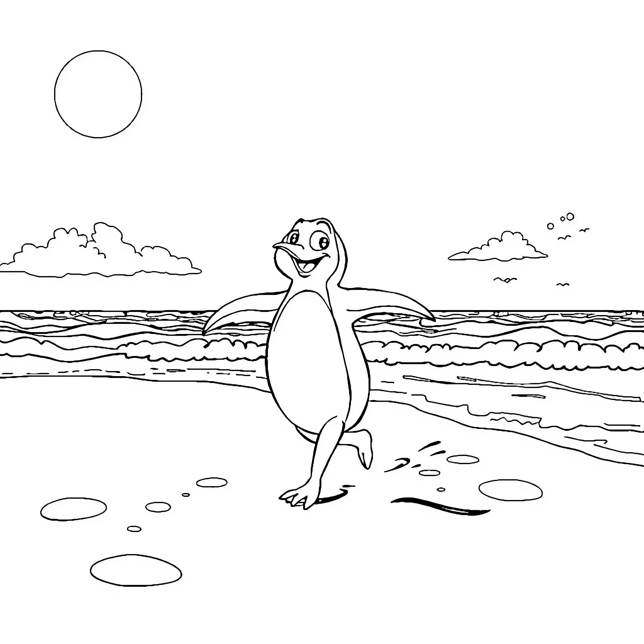 Paw Patrol Penguin Enjoying Beach Scenery Coloring Page (free black-and-white line drawing printable PDF for all, from beginners to advanced learners, including children, teens, adults, and seniors)