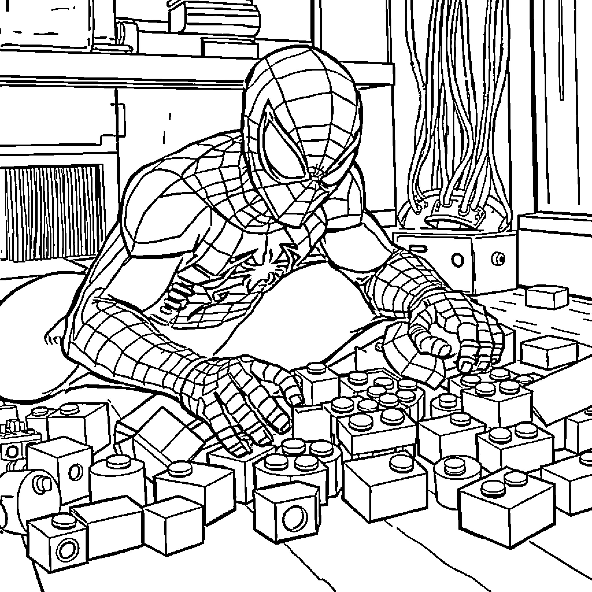 Spiderman playing with building blocks in a room Coloring Page (free black-and-white line drawing printable PDF for all, from beginners to advanced learners, including children, teens, adults, and seniors)