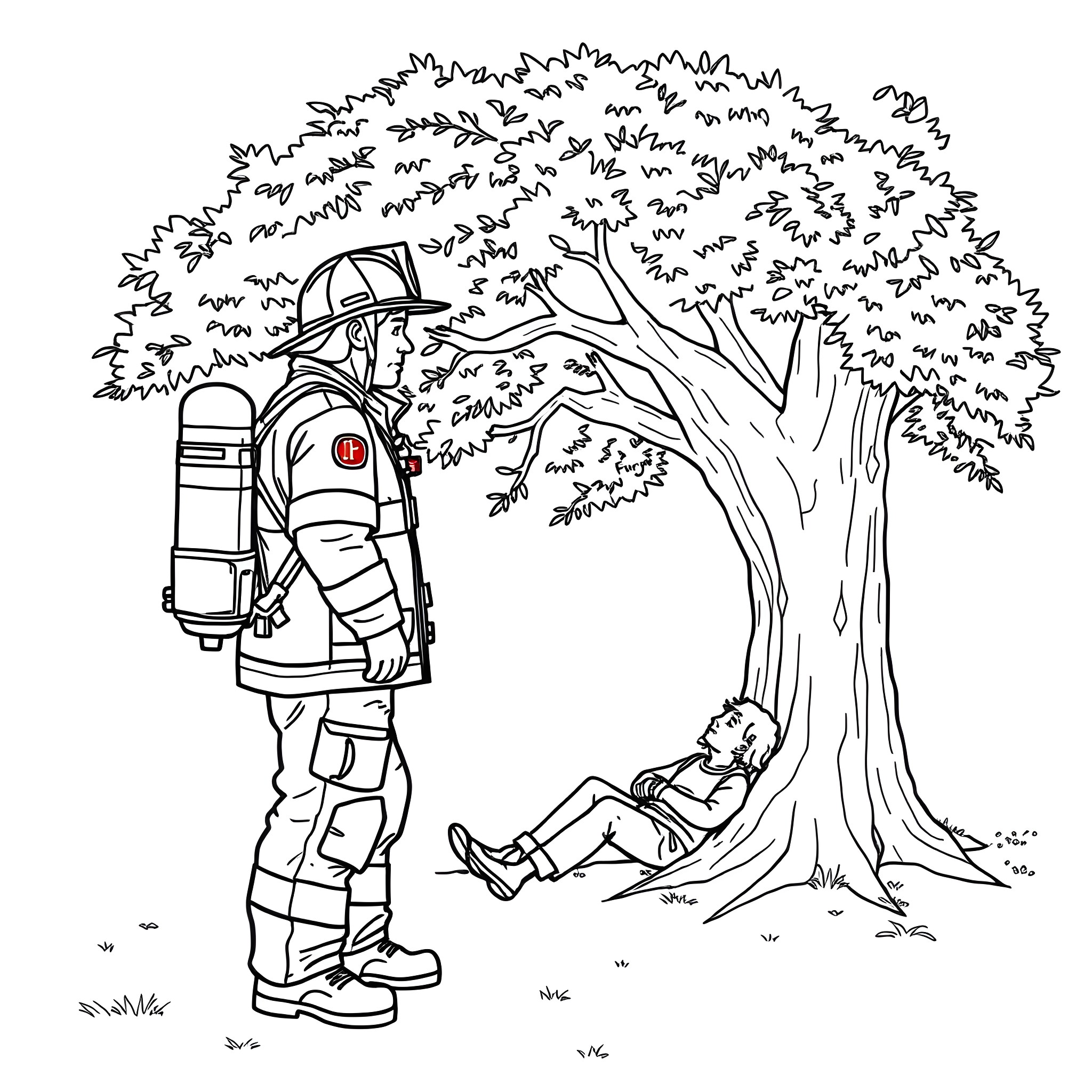 Firefighter helping injured person in forest Coloring Page (free black-and-white line drawing printable PDF for all, from beginners to advanced learners, including children, teens, adults, and seniors)