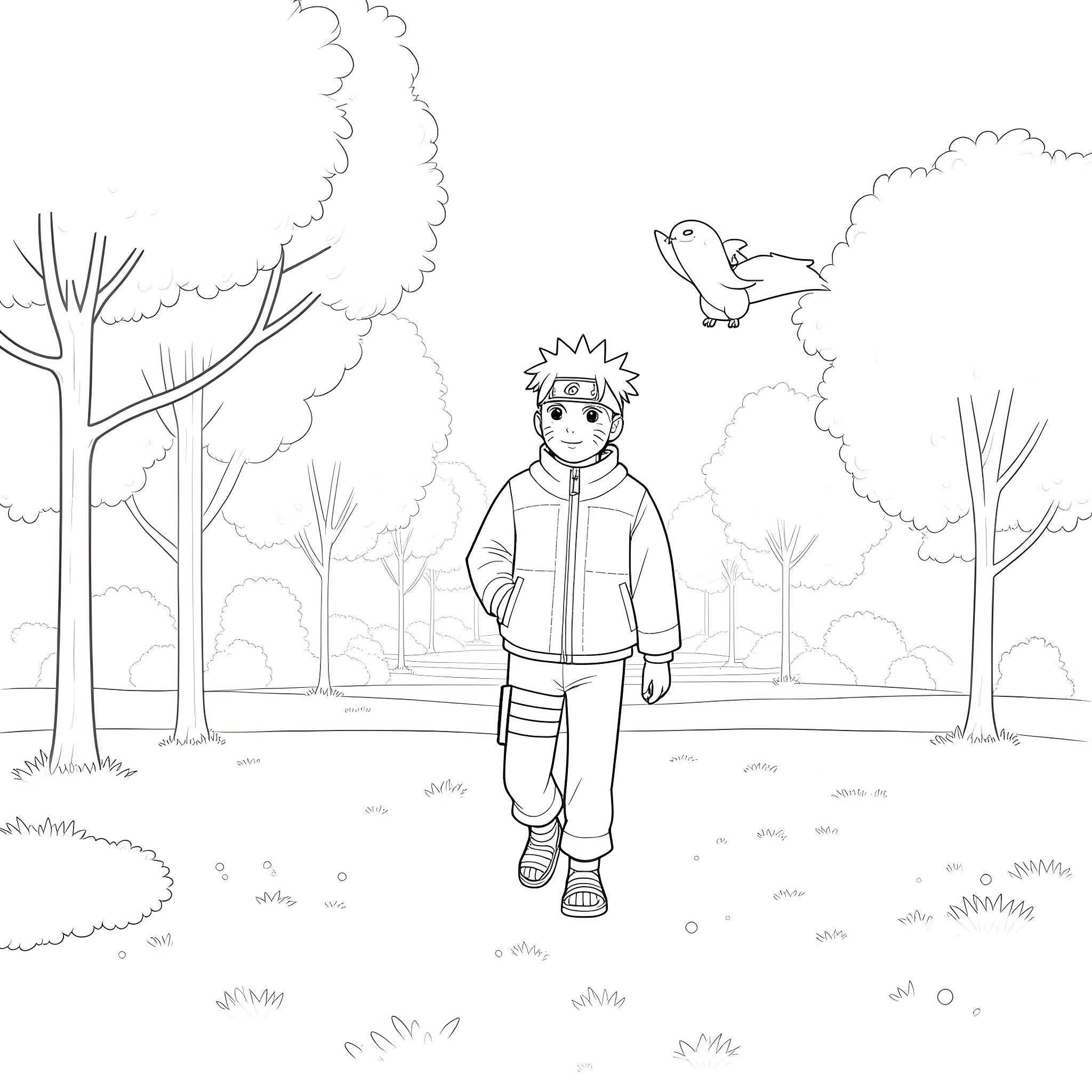 Naruto exploring the serene forest landscape Coloring Page (free black-and-white line drawing printable PDF for all, from beginners to advanced learners, including children, teens, adults, and seniors)