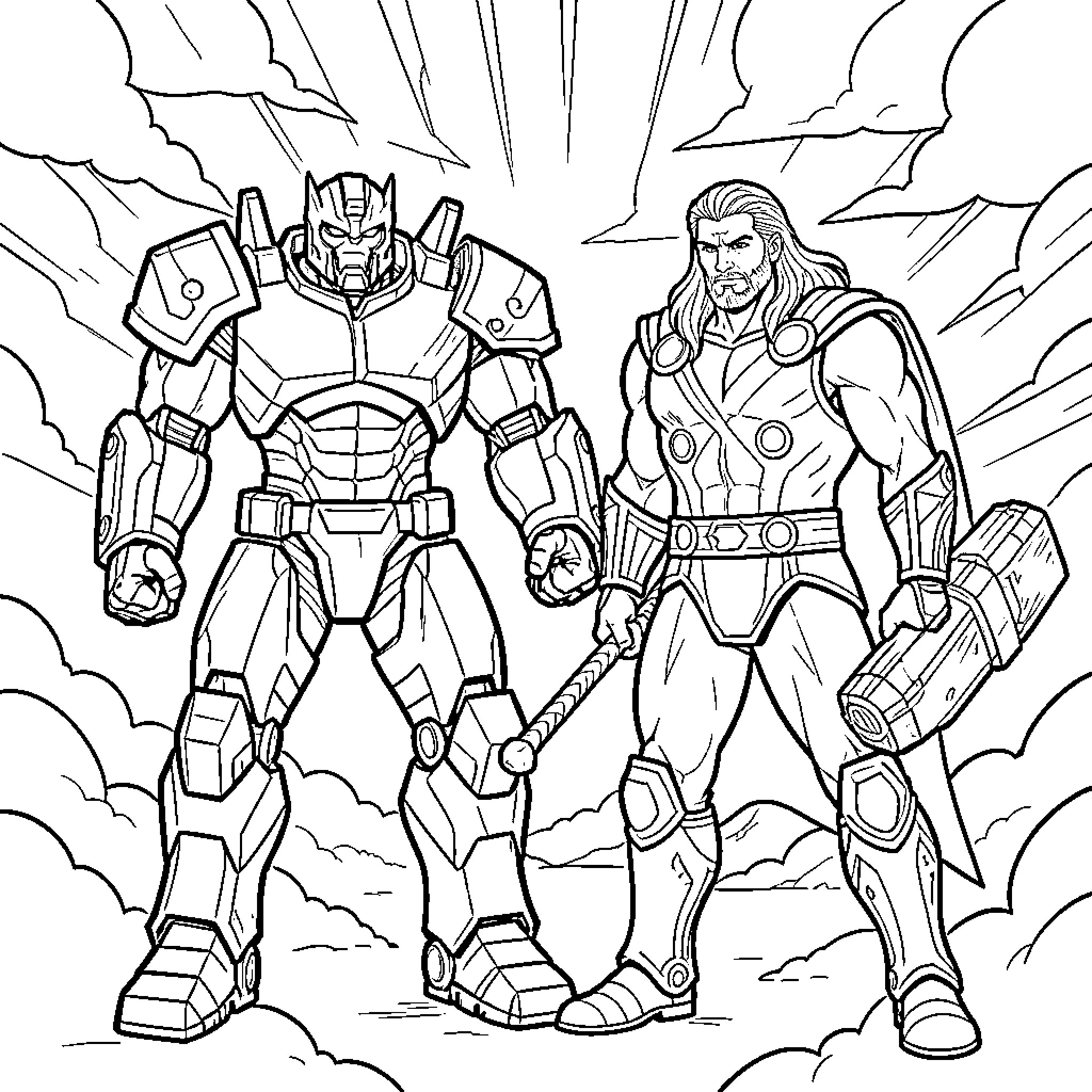 War Machine Heroic Duo in Action Coloring Page (free black-and-white line drawing printable PDF for all, from beginners to advanced learners, including children, teens, adults, and seniors)
