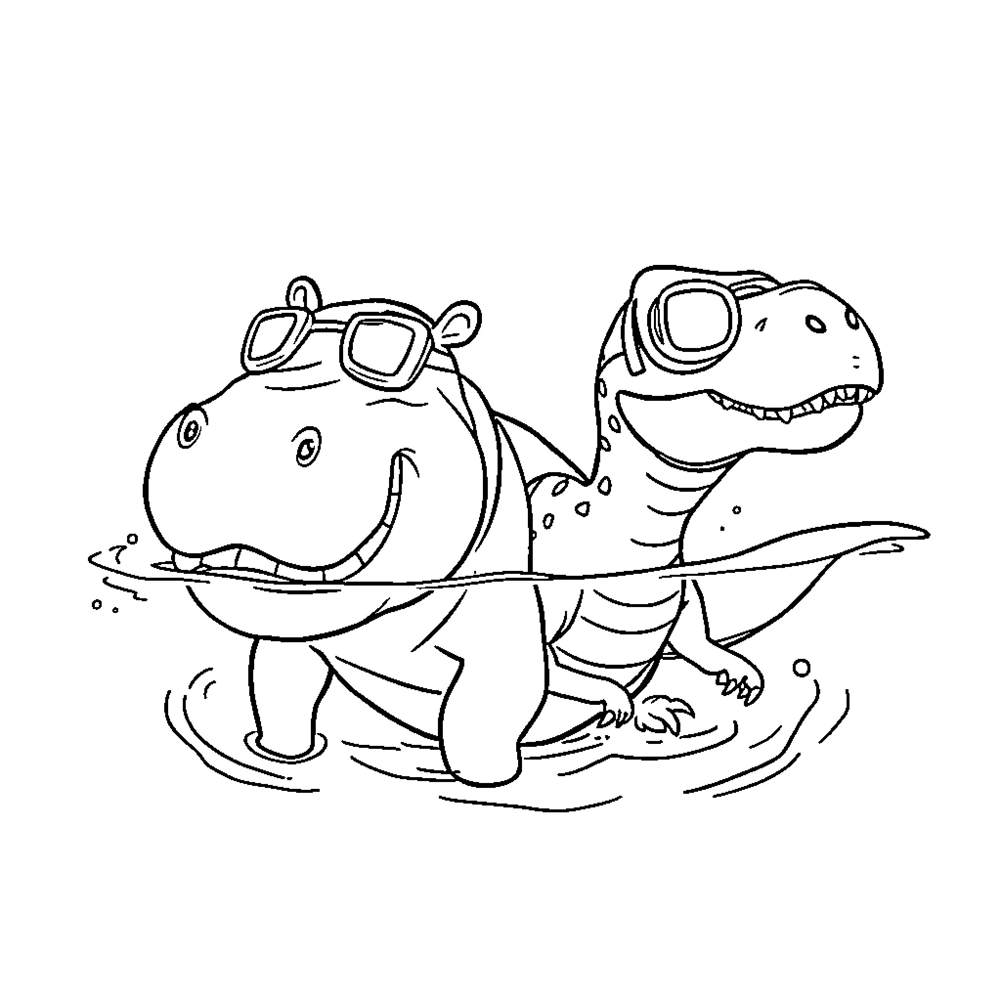 Hippo friends enjoying water adventure with sunglasses Coloring Page (free black-and-white line drawing printable PDF for all, from beginners to advanced learners, including children, teens, adults, and seniors)