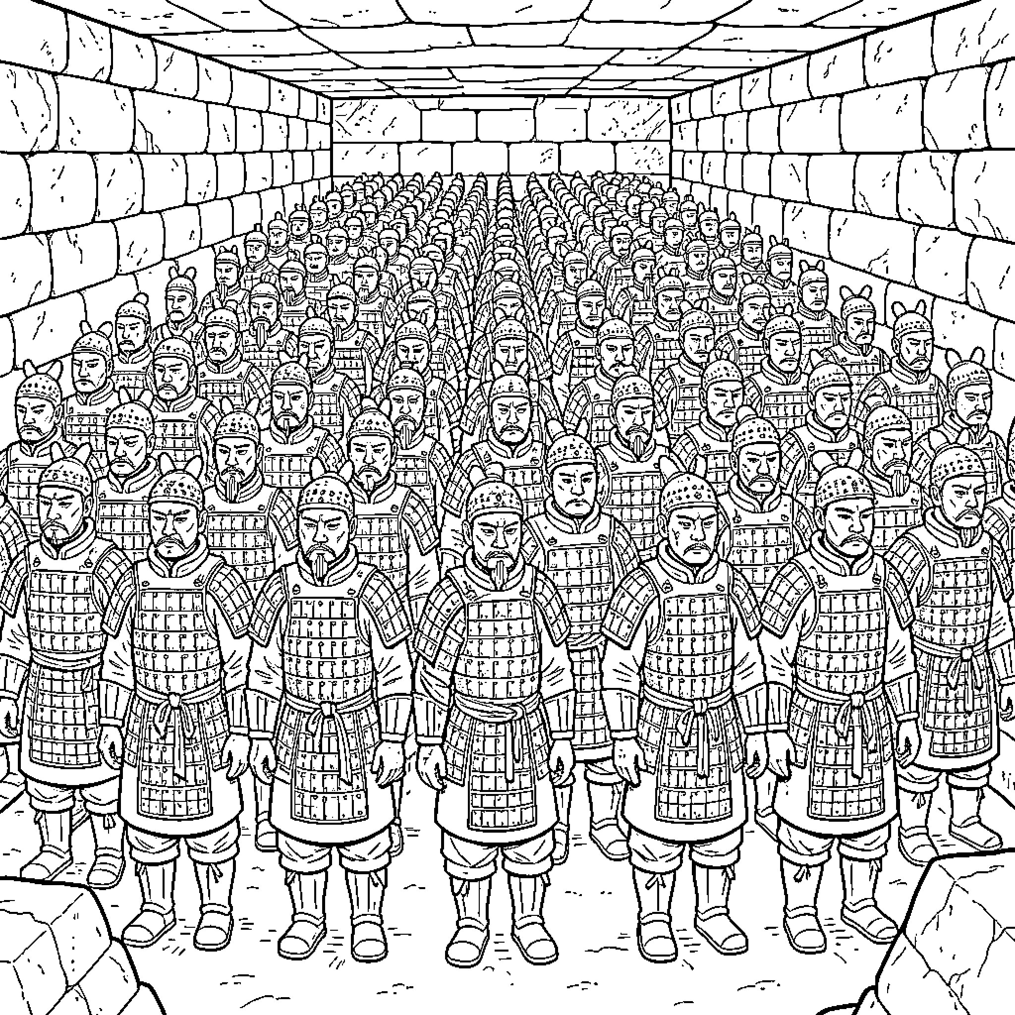 Terracotta Warrior Army Standing in Uniform Formation Coloring Page (free black-and-white line drawing printable PDF for all, from beginners to advanced learners, including children, teens, adults, and seniors)