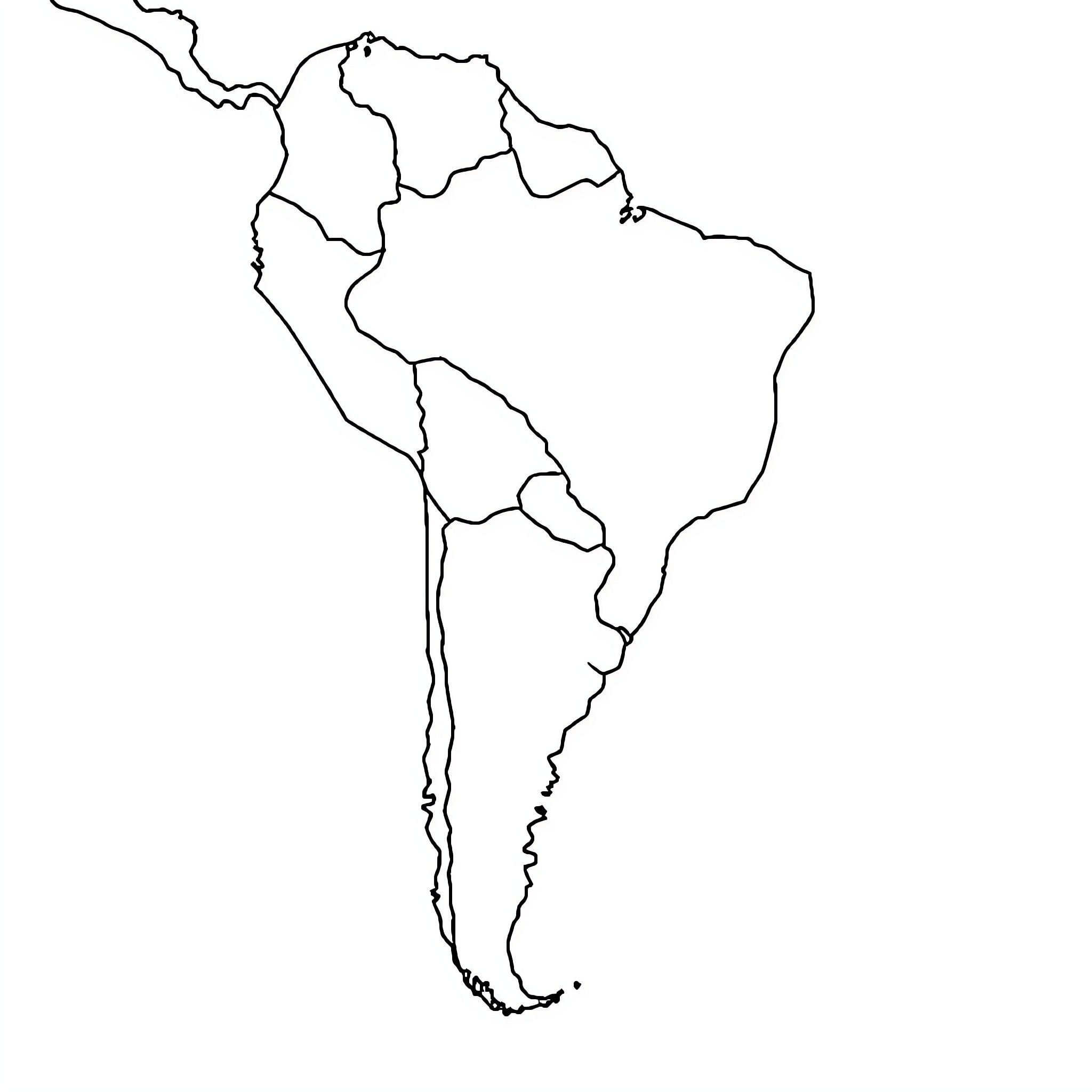 Country map of the South American continent Coloring Page (free black-and-white line drawing printable PDF for all, from beginners to advanced learners, including children, teens, adults, and seniors)