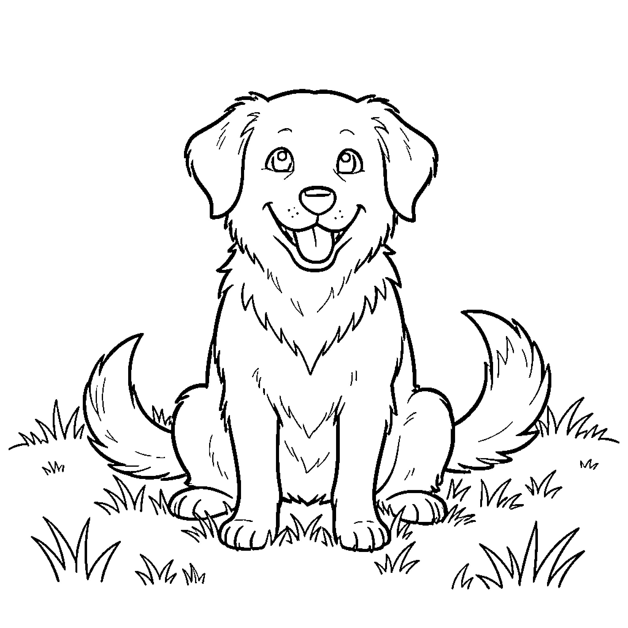 Dog sitting happily in the grass Coloring Page (free black-and-white line drawing printable PDF for all, from beginners to advanced learners, including children, teens, adults, and seniors)