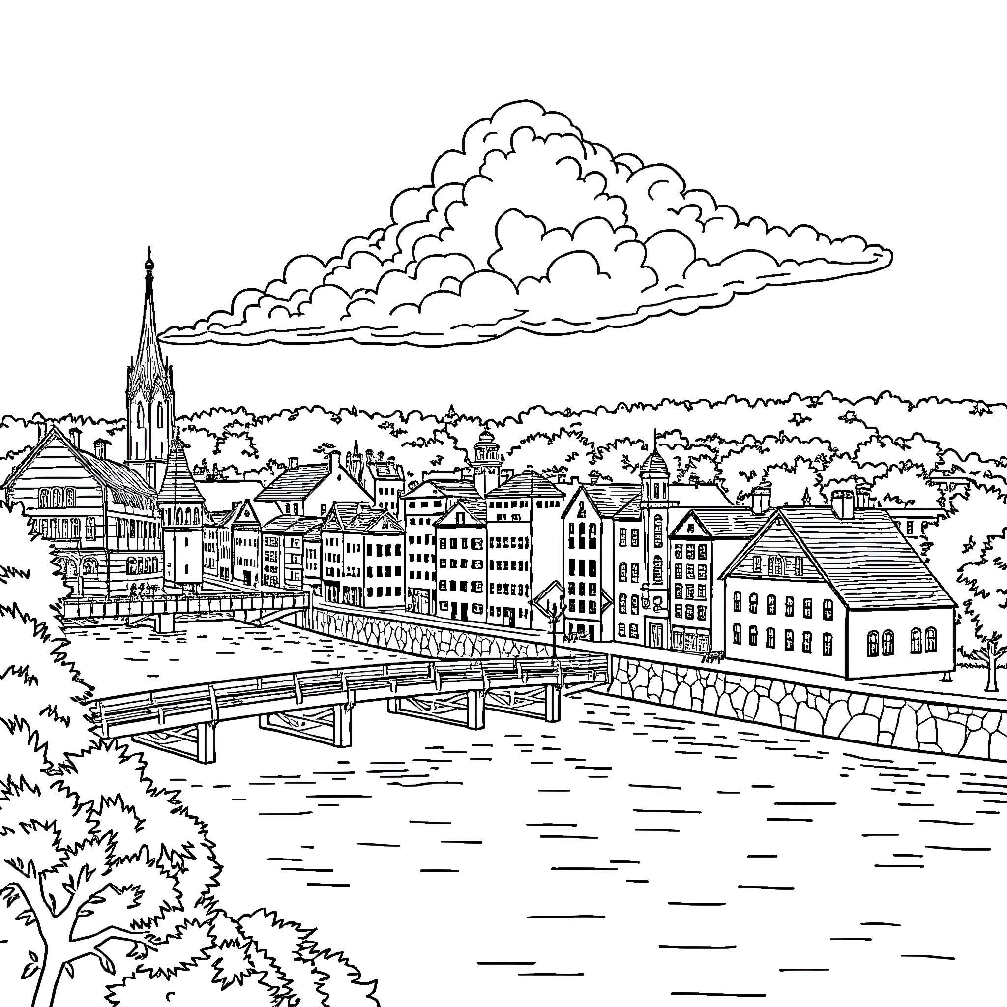 City with quaint buildings and a river Coloring Page (free black-and-white line drawing printable PDF for all, from beginners to advanced learners, including children, teens, adults, and seniors)