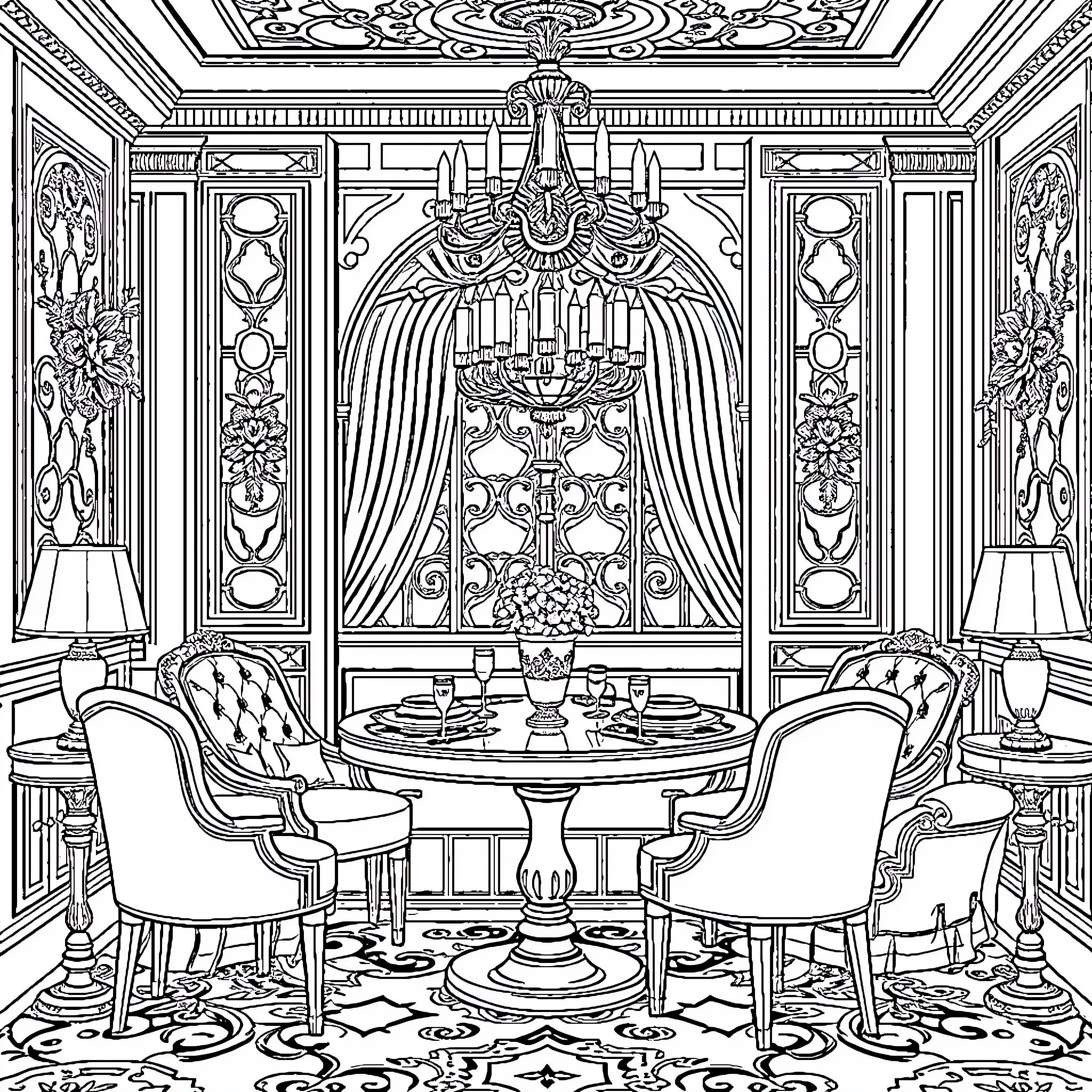 Bougie Aristocratic Dining Room Opulence Coloring Page (free black-and-white line drawing printable PDF for all, from beginners to advanced learners, including children, teens, adults, and seniors)