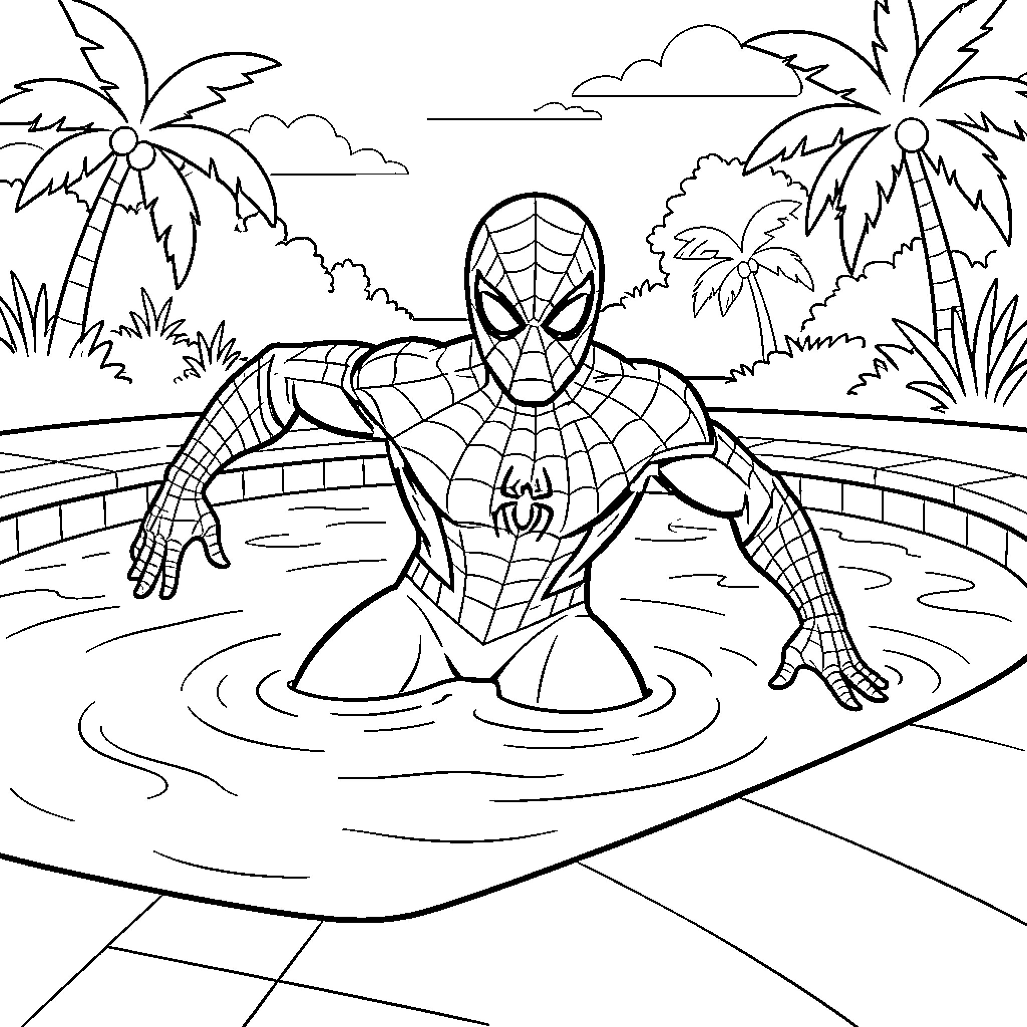 Spider-Man emerging from a swimming pool Coloring Page (free black-and-white line drawing printable PDF for all, from beginners to advanced learners, including children, teens, adults, and seniors)
