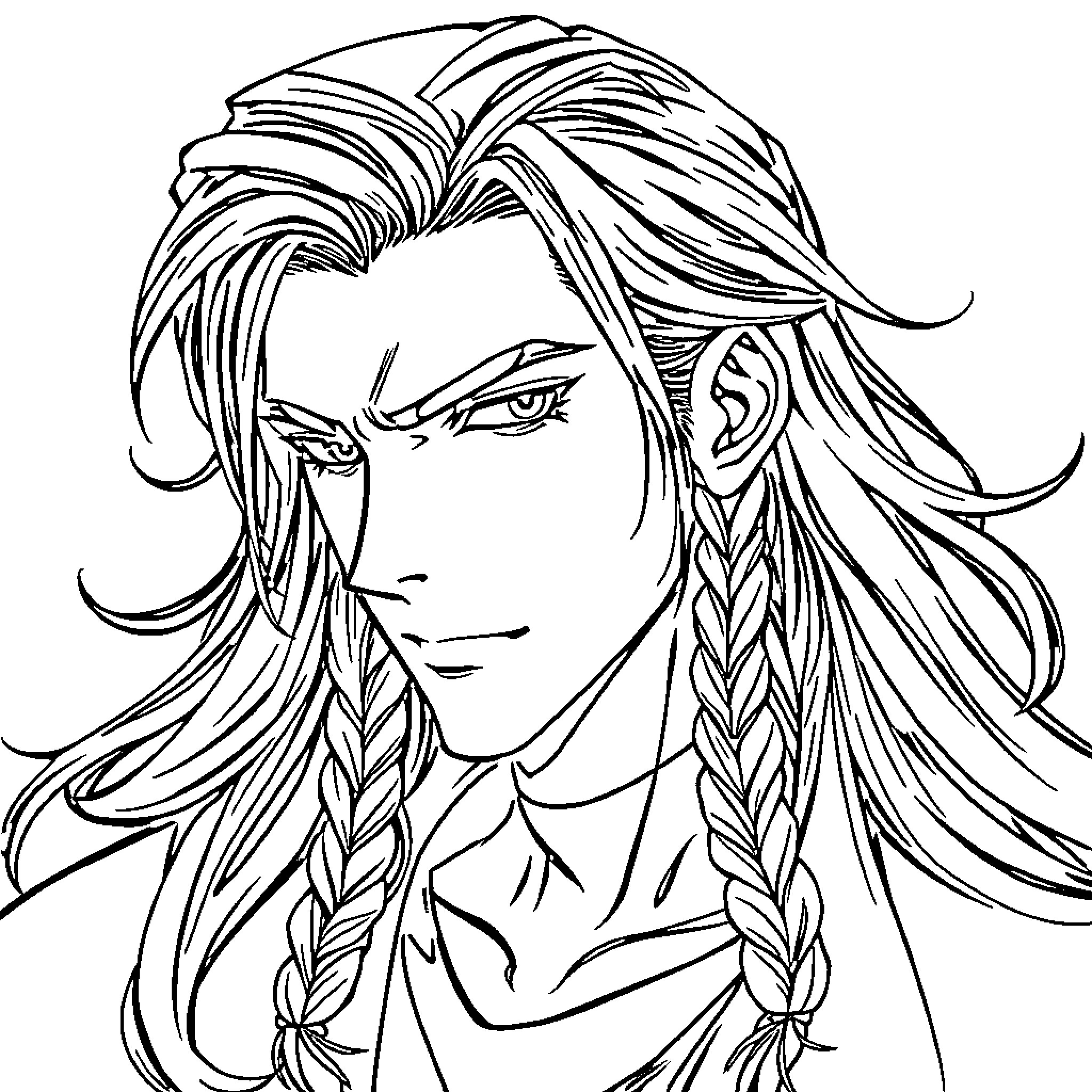 Anime Guy with Fierce Expression and Braided Hair Coloring Page (free black-and-white line drawing printable PDF for all, from beginners to advanced learners, including children, teens, adults, and seniors)