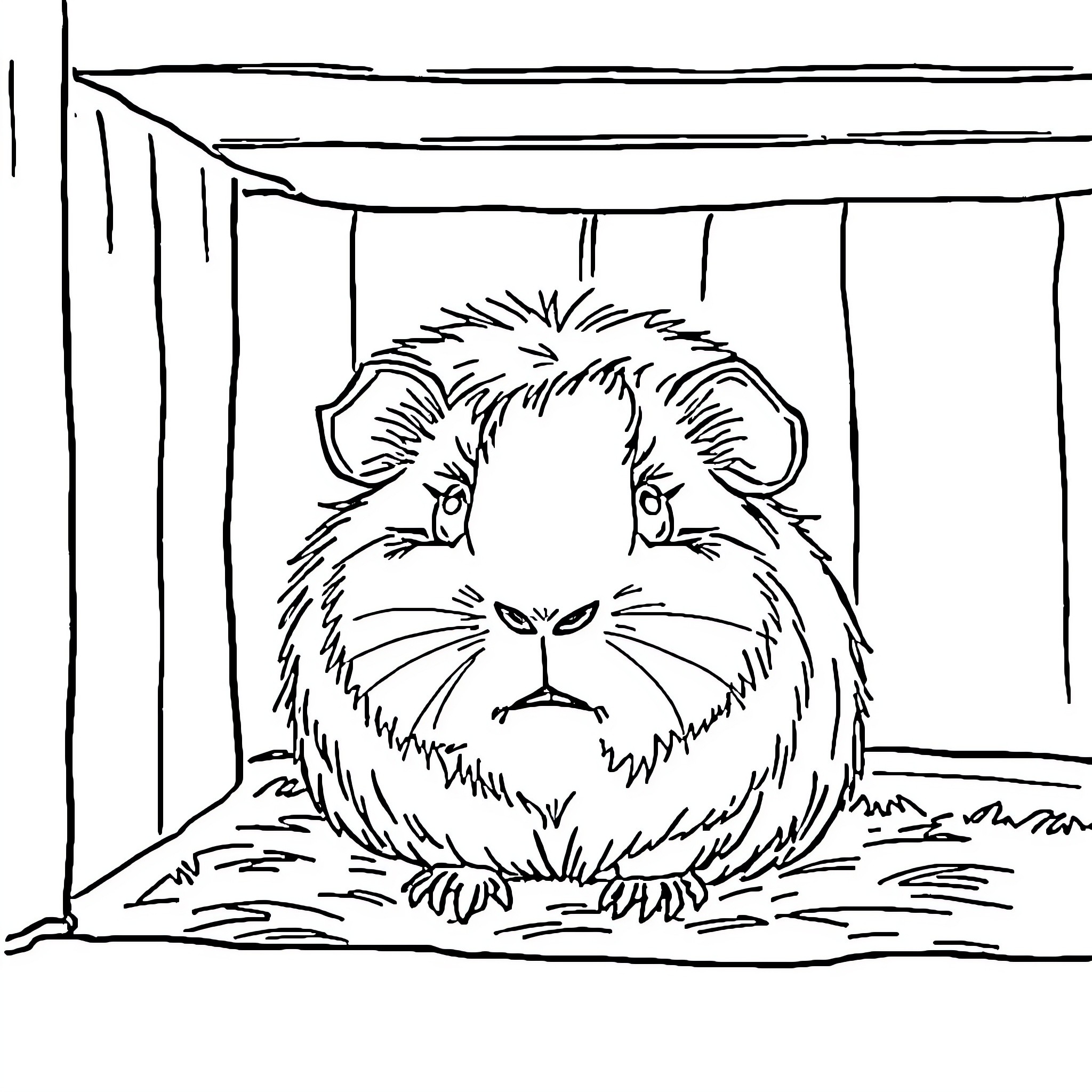 Guinea Pig hiding in a cozy burrow Coloring Page (free black-and-white line drawing printable PDF for all, from beginners to advanced learners, including children, teens, adults, and seniors)