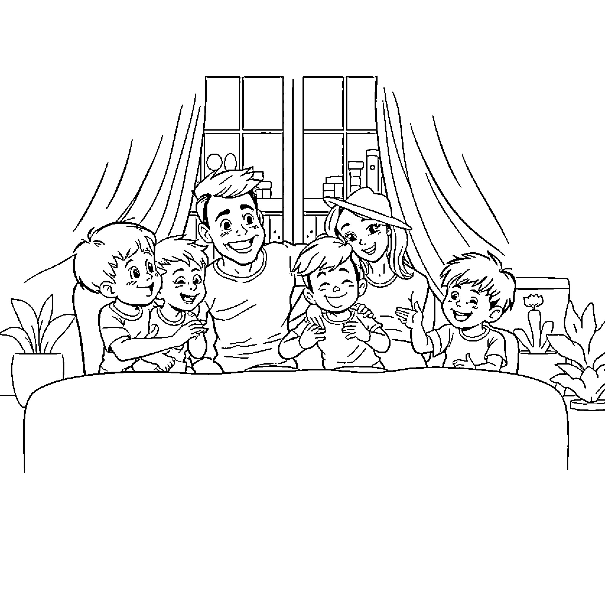 Family Enjoying Quality Time Together Coloring Page (free black-and-white line drawing printable PDF for all, from beginners to advanced learners, including children, teens, adults, and seniors)