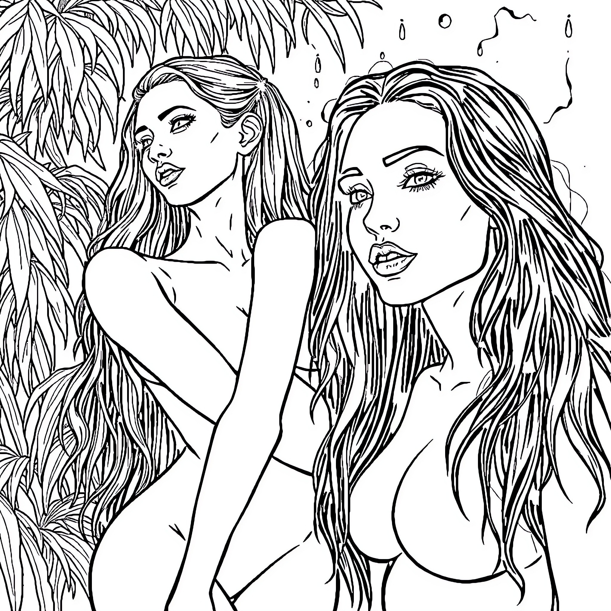 Women in tropical setting with lush foliage Coloring Page (free black-and-white line drawing printable PDF for all, from beginners to advanced learners, including children, teens, adults, and seniors)