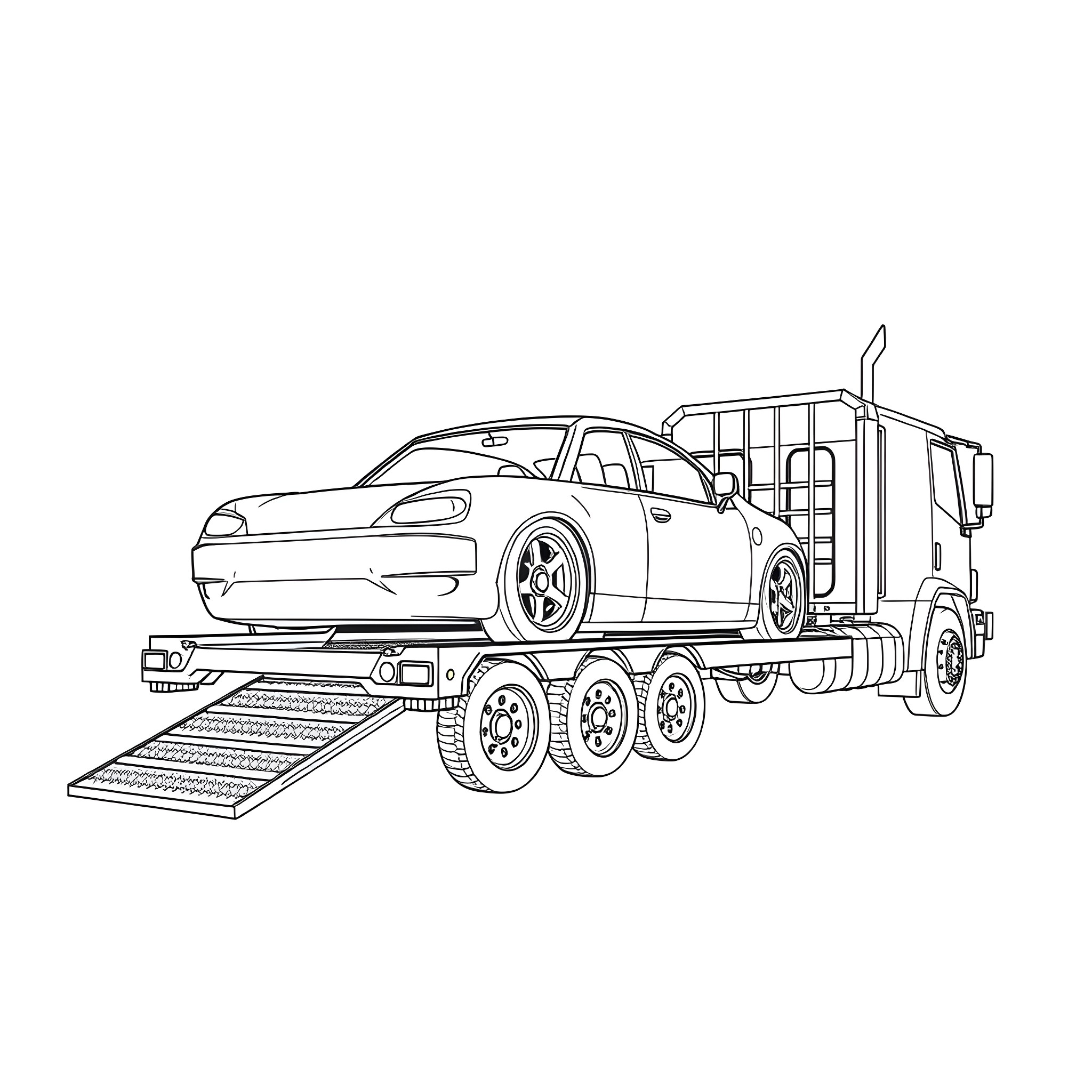 Car Trailer Transporting Sports Car Coloring Page (free black-and-white line drawing printable PDF for all, from beginners to advanced learners, including children, teens, adults, and seniors)
