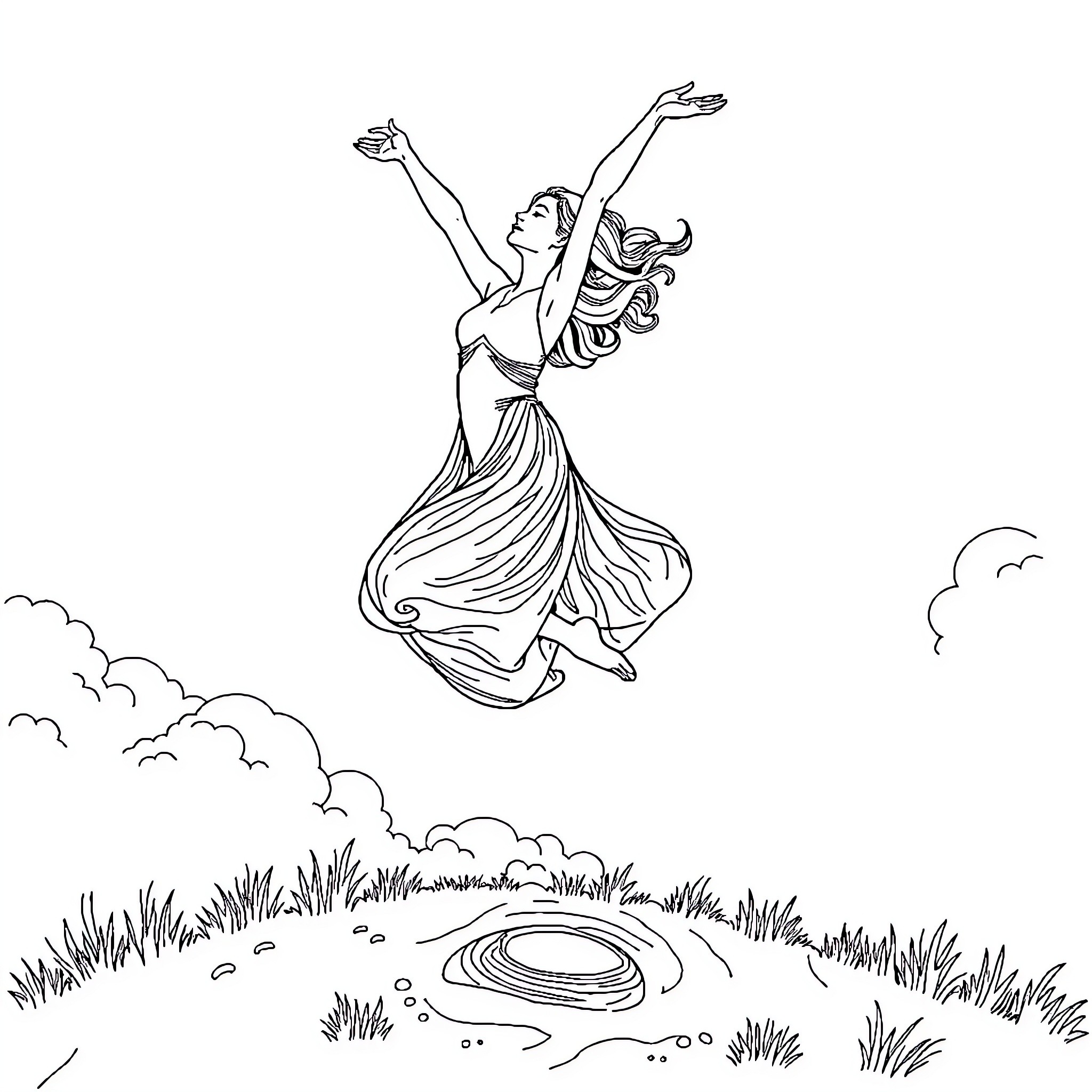 Person joyfully dancing in the air Coloring Page (free black-and-white line drawing printable PDF for all, from beginners to advanced learners, including children, teens, adults, and seniors)