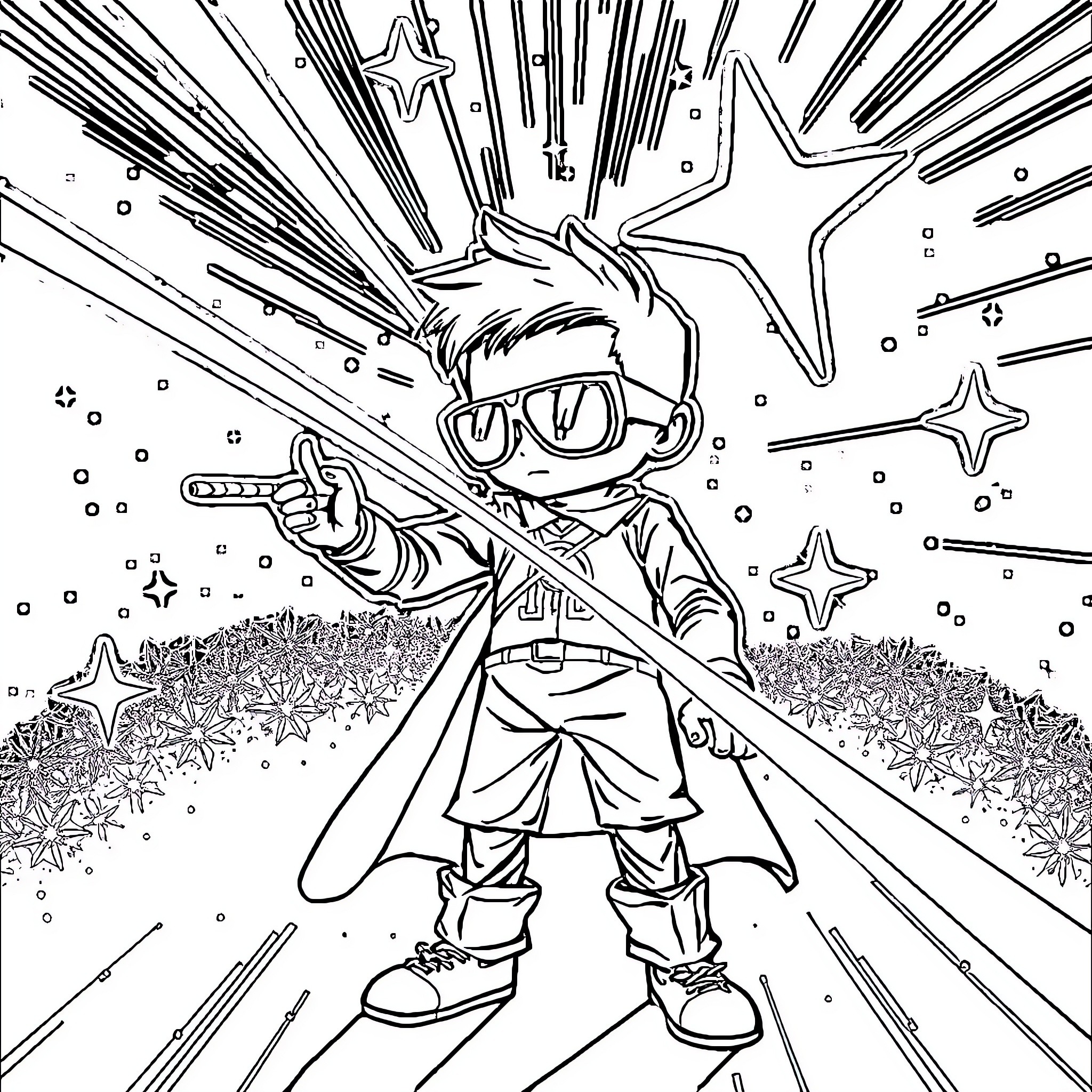 Laserluca's Intergalactic Adventure Coloring Page (free black-and-white line drawing printable PDF for all, from beginners to advanced learners, including children, teens, adults, and seniors)