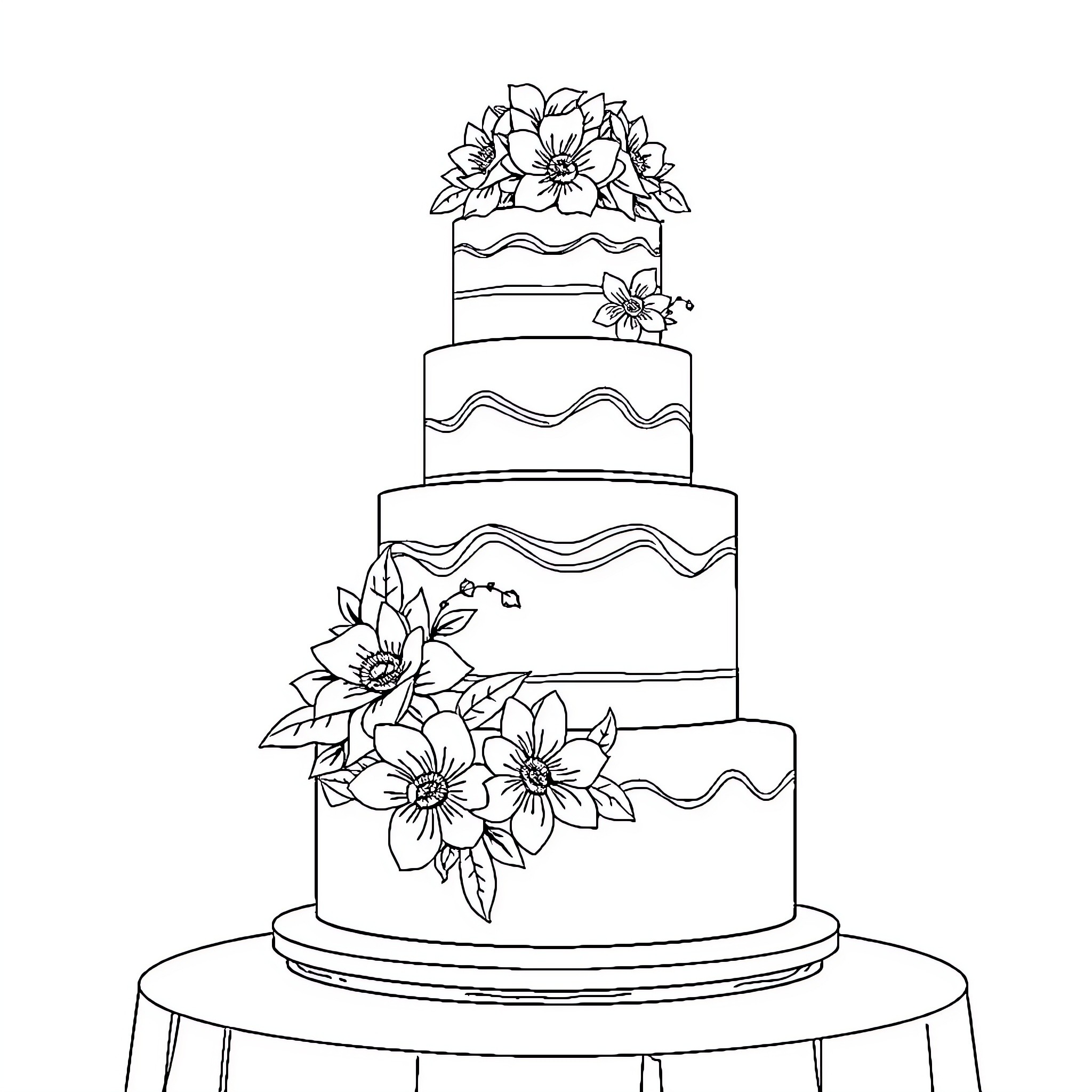 Wedding Cake with Elegant Floral Decorations Coloring Page (free black-and-white line drawing printable PDF for all, from beginners to advanced learners, including children, teens, adults, and seniors)