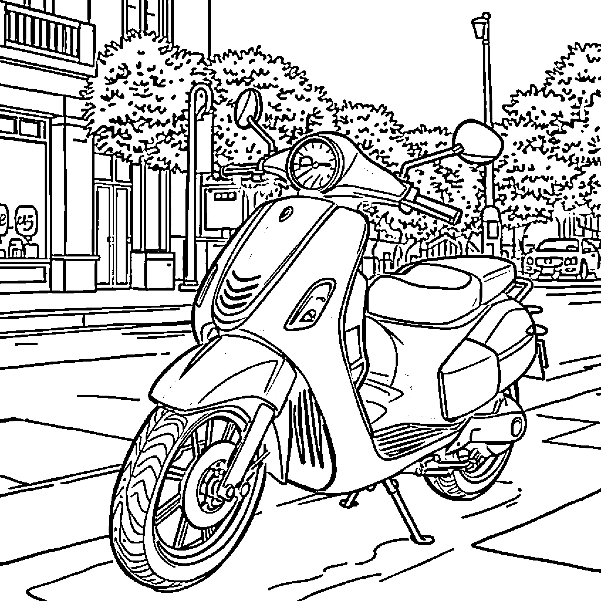Motorbike parked in a scenic urban setting Coloring Page (free black-and-white line drawing printable PDF for all, from beginners to advanced learners, including children, teens, adults, and seniors)