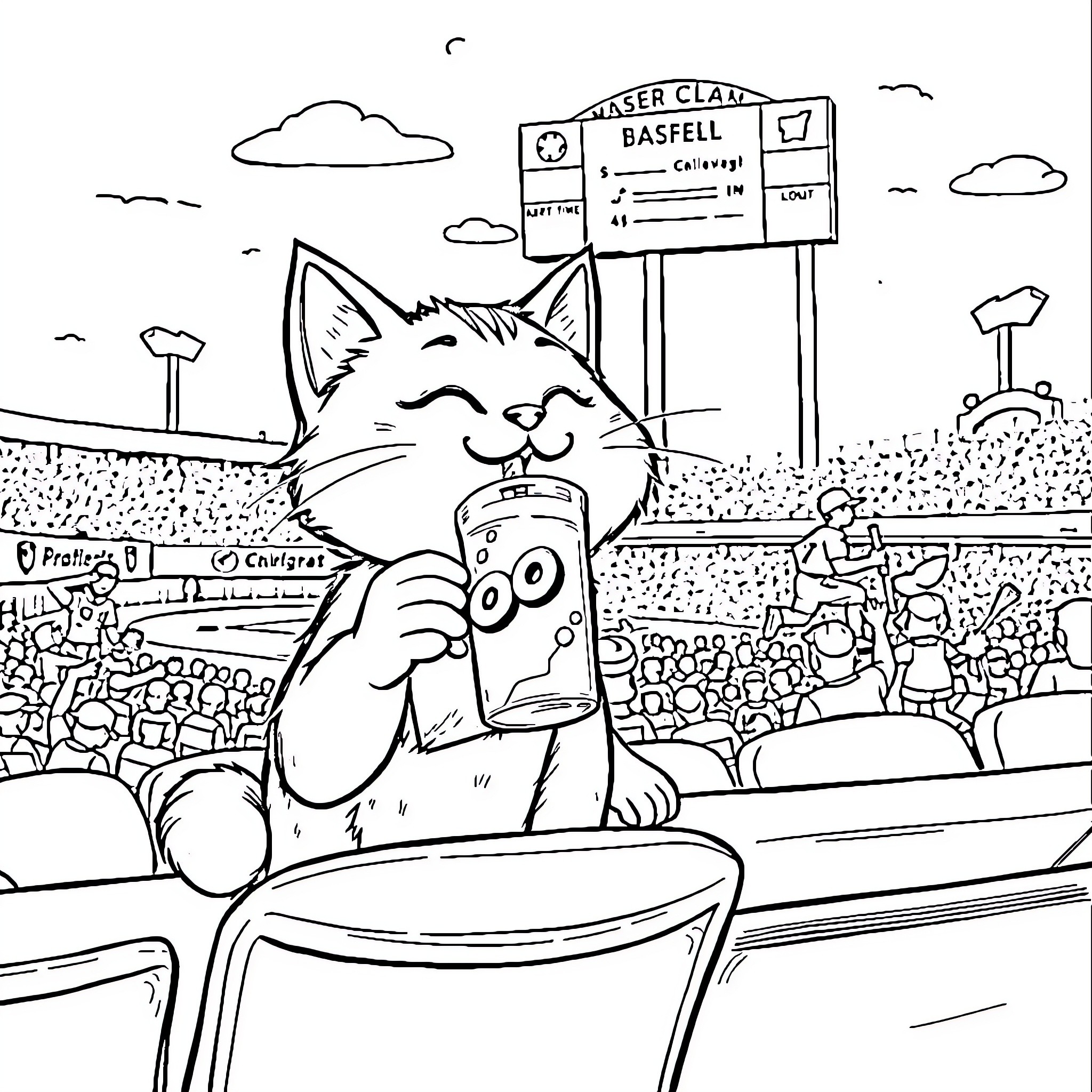 Cat attending a baseball game Coloring Page (free black-and-white line drawing printable PDF for all, from beginners to advanced learners, including children, teens, adults, and seniors)