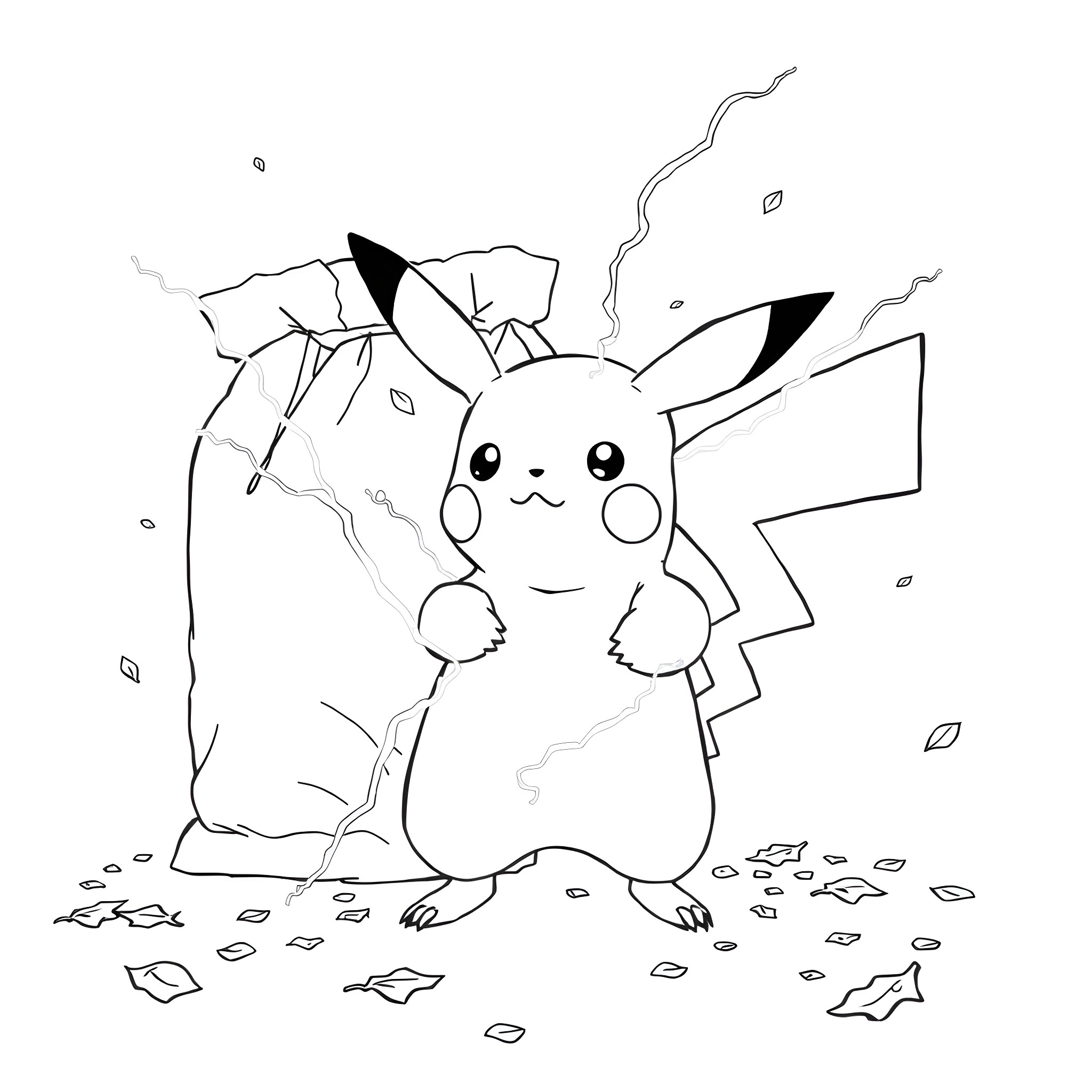 Pikachu exploring a broken world Coloring Page (free black-and-white line drawing printable PDF for all, from beginners to advanced learners, including children, teens, adults, and seniors)