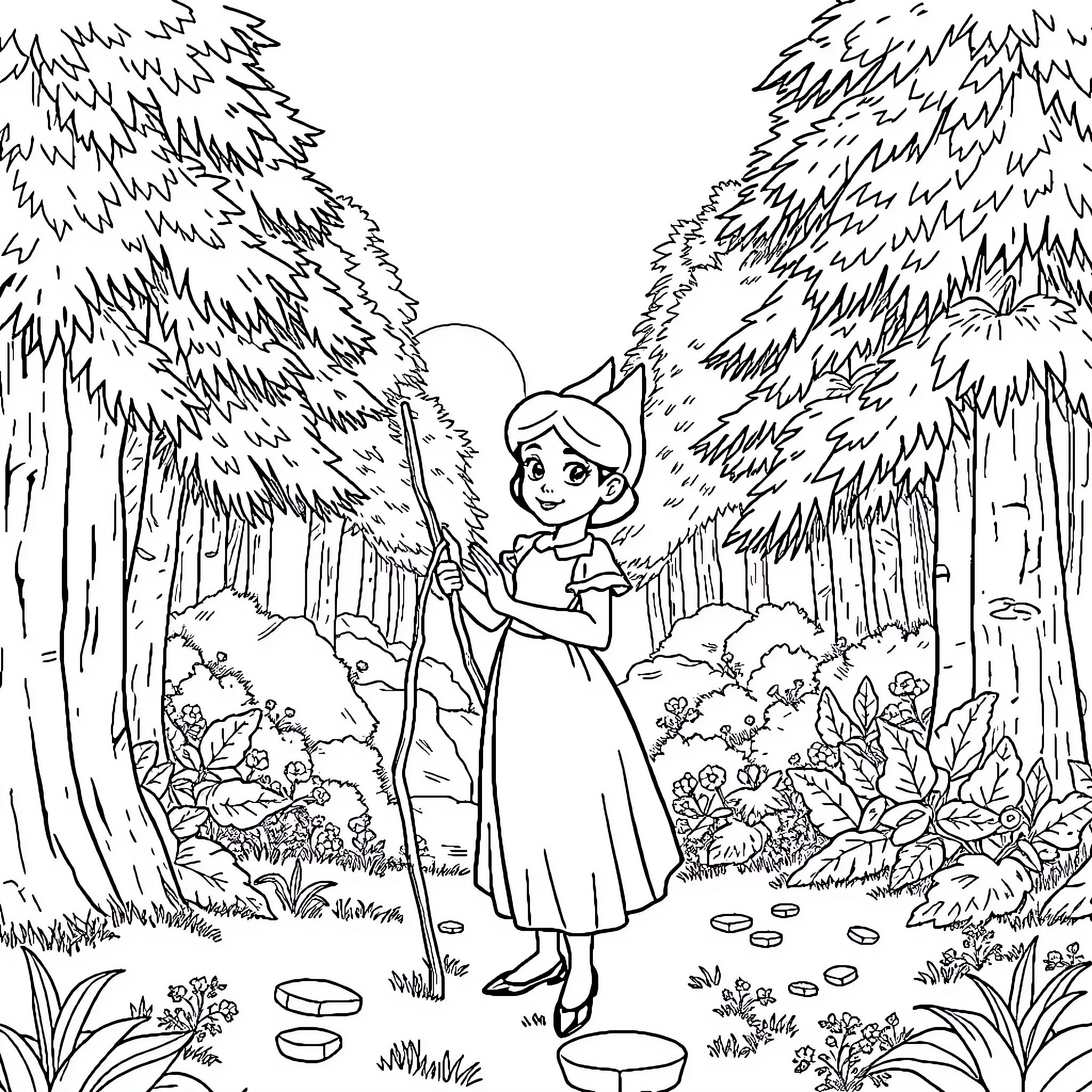 Snow White exploring the enchanted forest Coloring Page (free black-and-white line drawing printable PDF for all, from beginners to advanced learners, including children, teens, adults, and seniors)