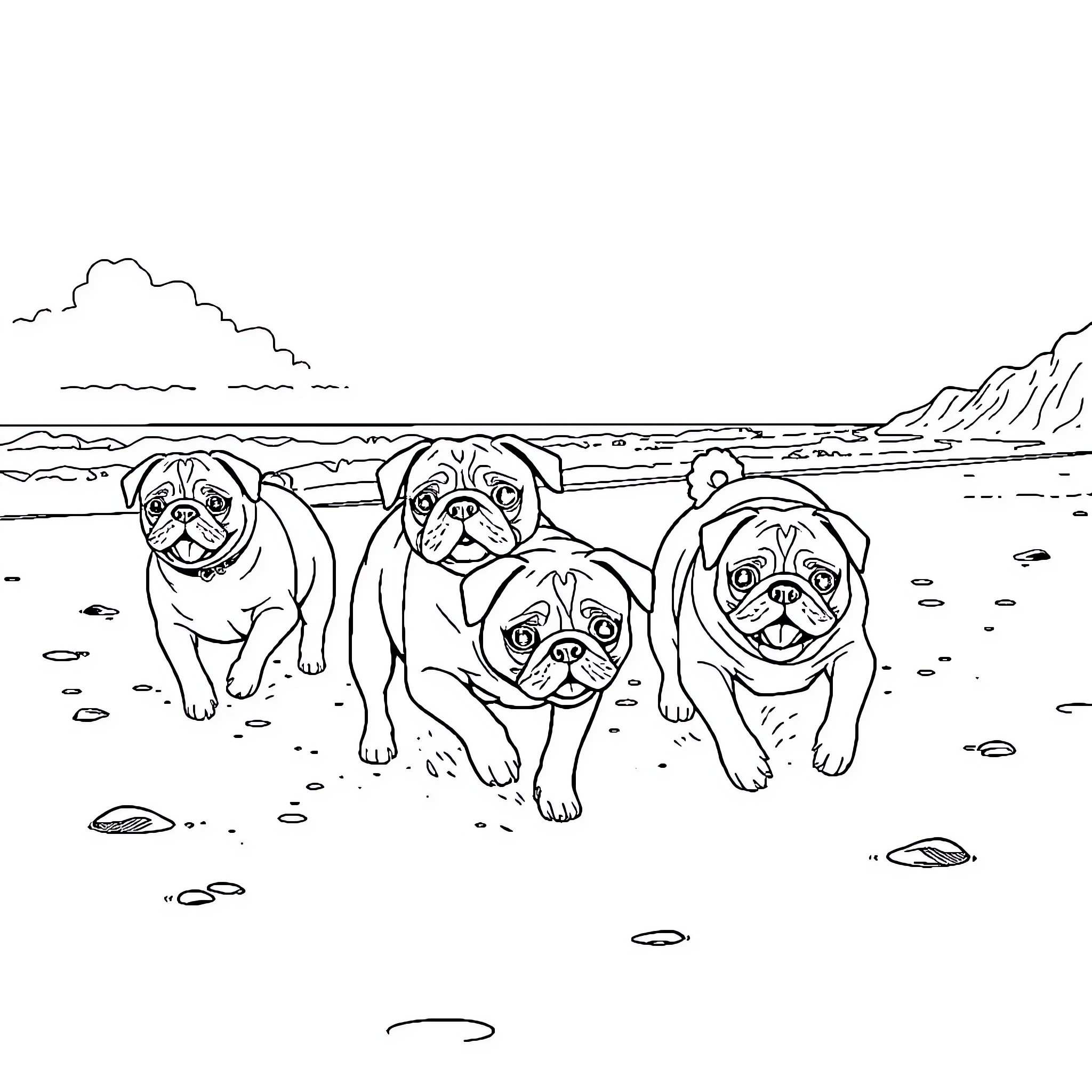 Pugs playing on the beach Coloring Page (free black-and-white line drawing printable PDF for all, from beginners to advanced learners, including children, teens, adults, and seniors)