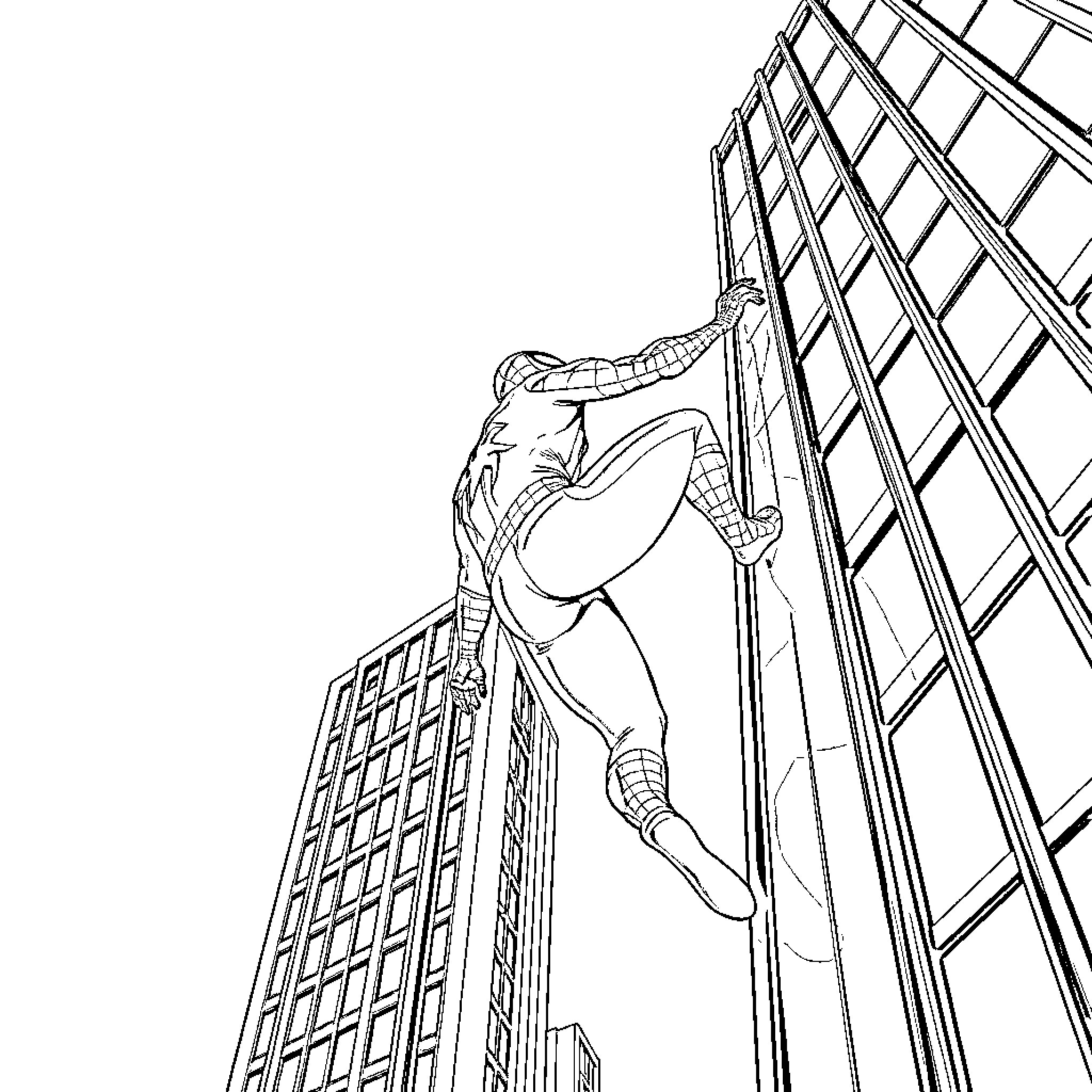 Spiderman swinging between skyscrapers Coloring Page (free black-and-white line drawing printable PDF for all, from beginners to advanced learners, including children, teens, adults, and seniors)