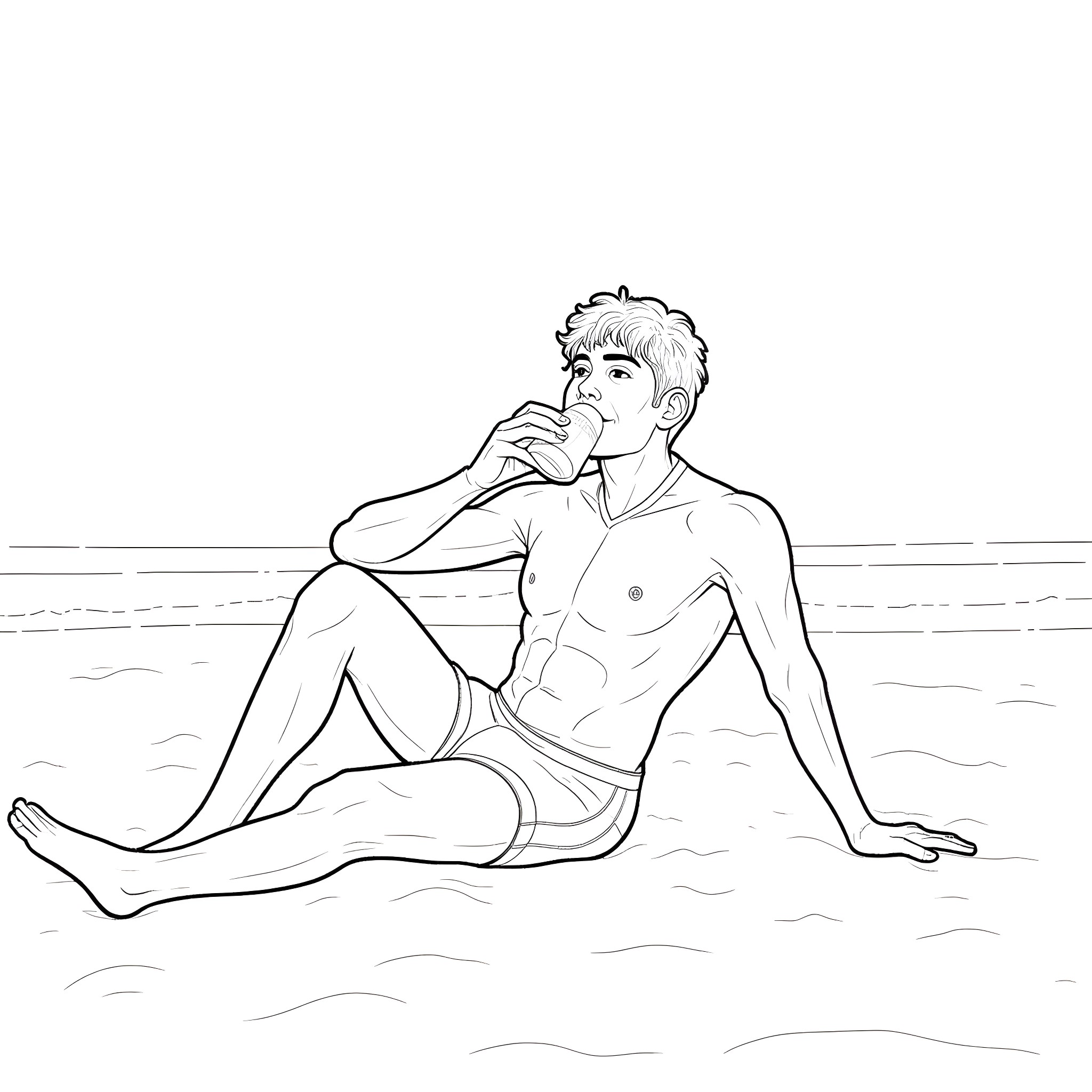 Oscar Piastri relaxing on the beach Coloring Page (free black-and-white line drawing printable PDF for all, from beginners to advanced learners, including children, teens, adults, and seniors)
