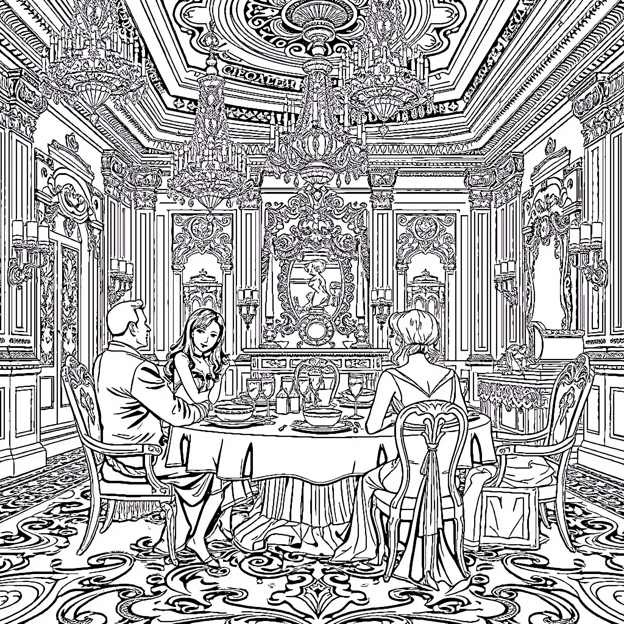 Mansion dining with elegant guests Coloring Page (free black-and-white line drawing printable PDF for all, from beginners to advanced learners, including children, teens, adults, and seniors)