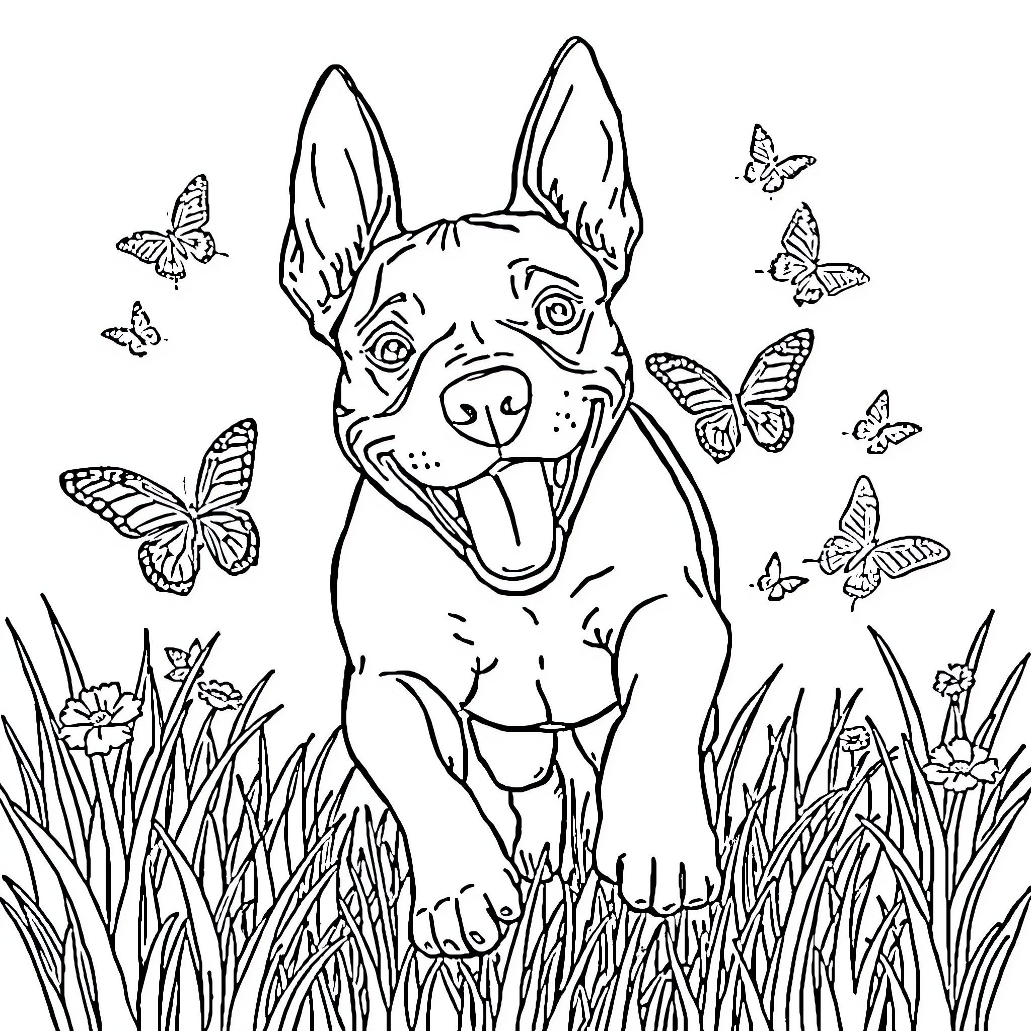 Pitbull playing in a field with butterflies Coloring Page (free black-and-white line drawing printable PDF for all, from beginners to advanced learners, including children, teens, adults, and seniors)