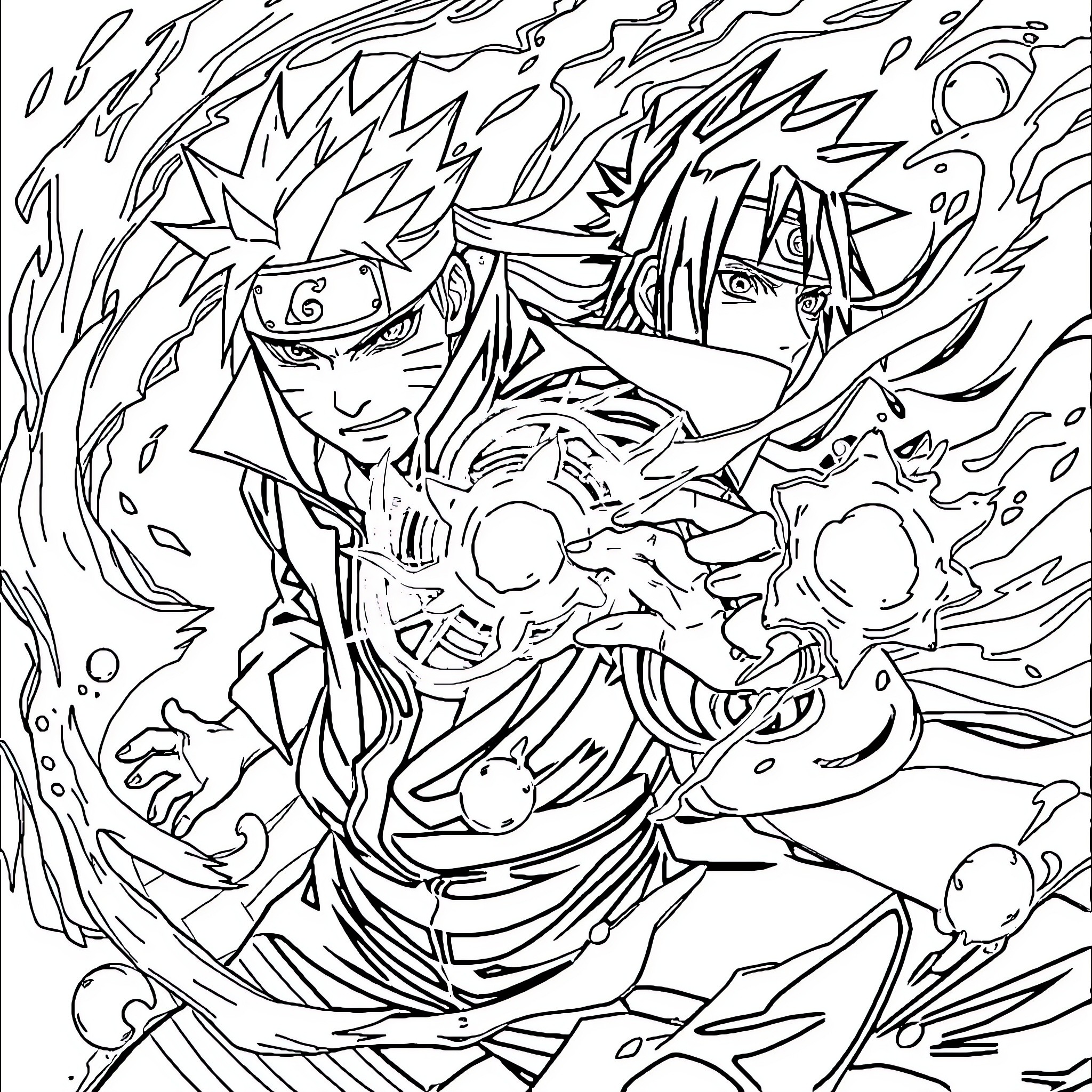 Naruto Unleashing Powerful Ninja Techniques in Intense Battle Coloring Page (free black-and-white line drawing printable PDF for all, from beginners to advanced learners, including children, teens, adults, and seniors)