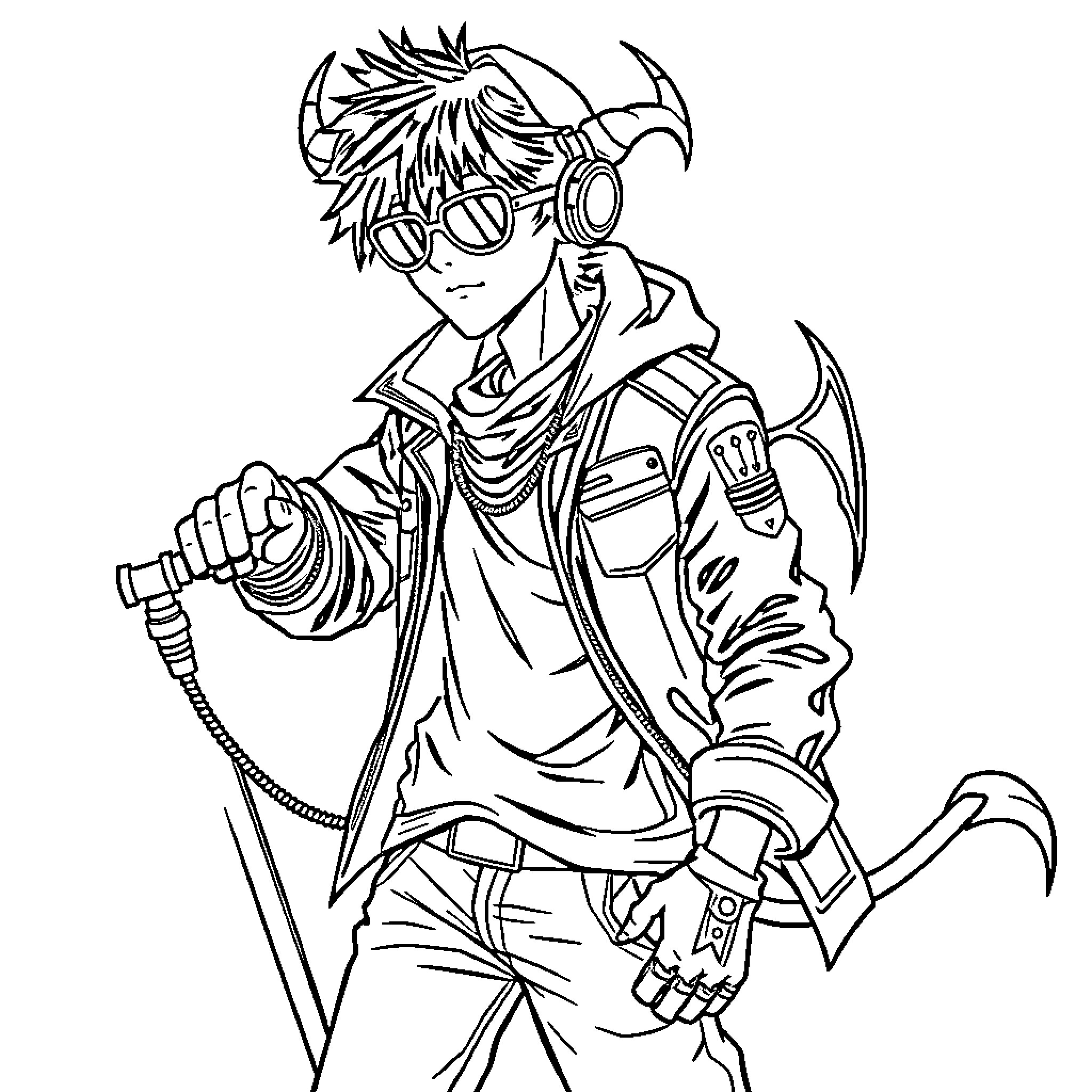 Demon Hunter wielding weapons with fierce determination Coloring Page (free black-and-white line drawing printable PDF for all, from beginners to advanced learners, including children, teens, adults, and seniors)